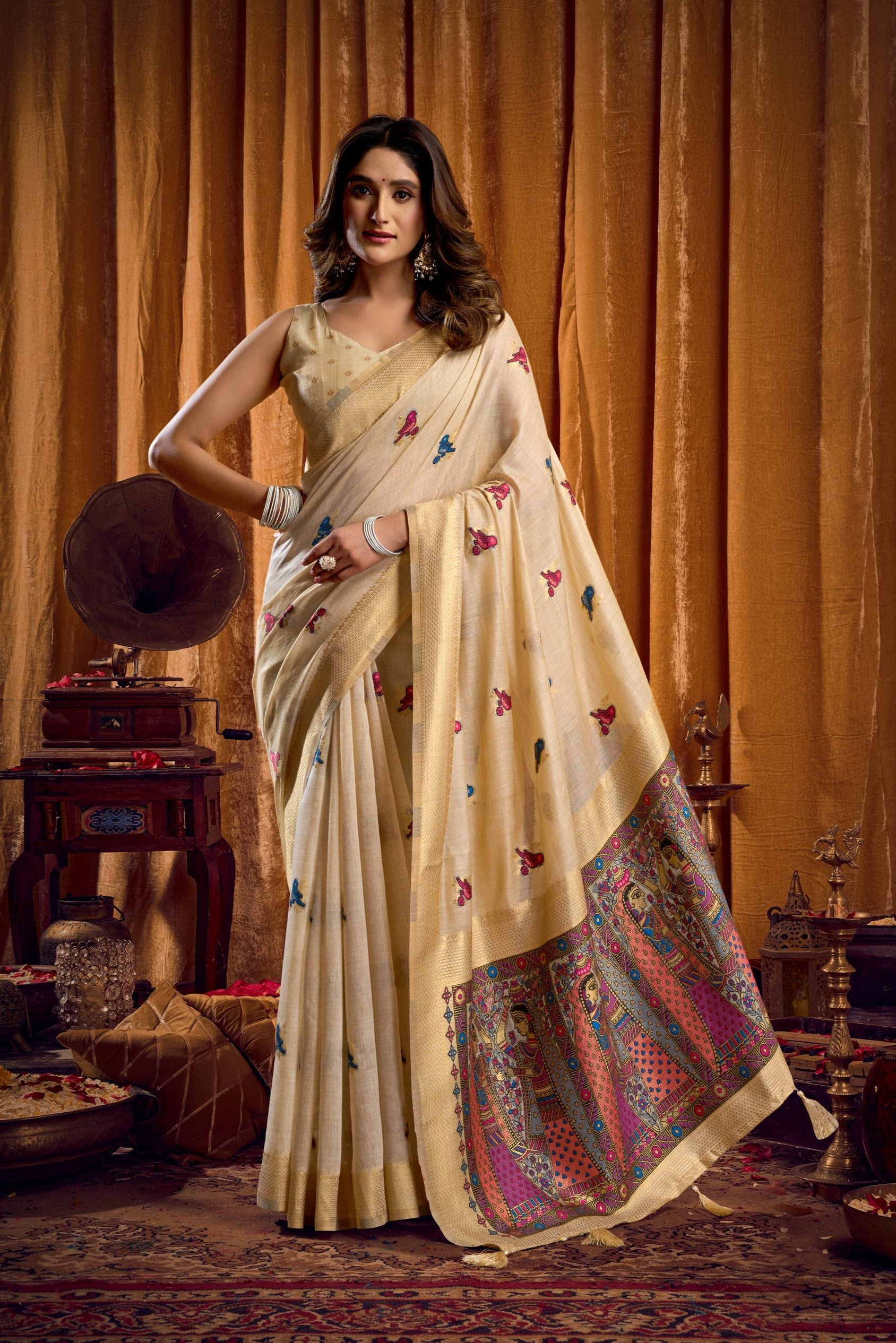 Jyoti Fashion Women's Cream Khadi Cotton Mina Work Saree with Blouse