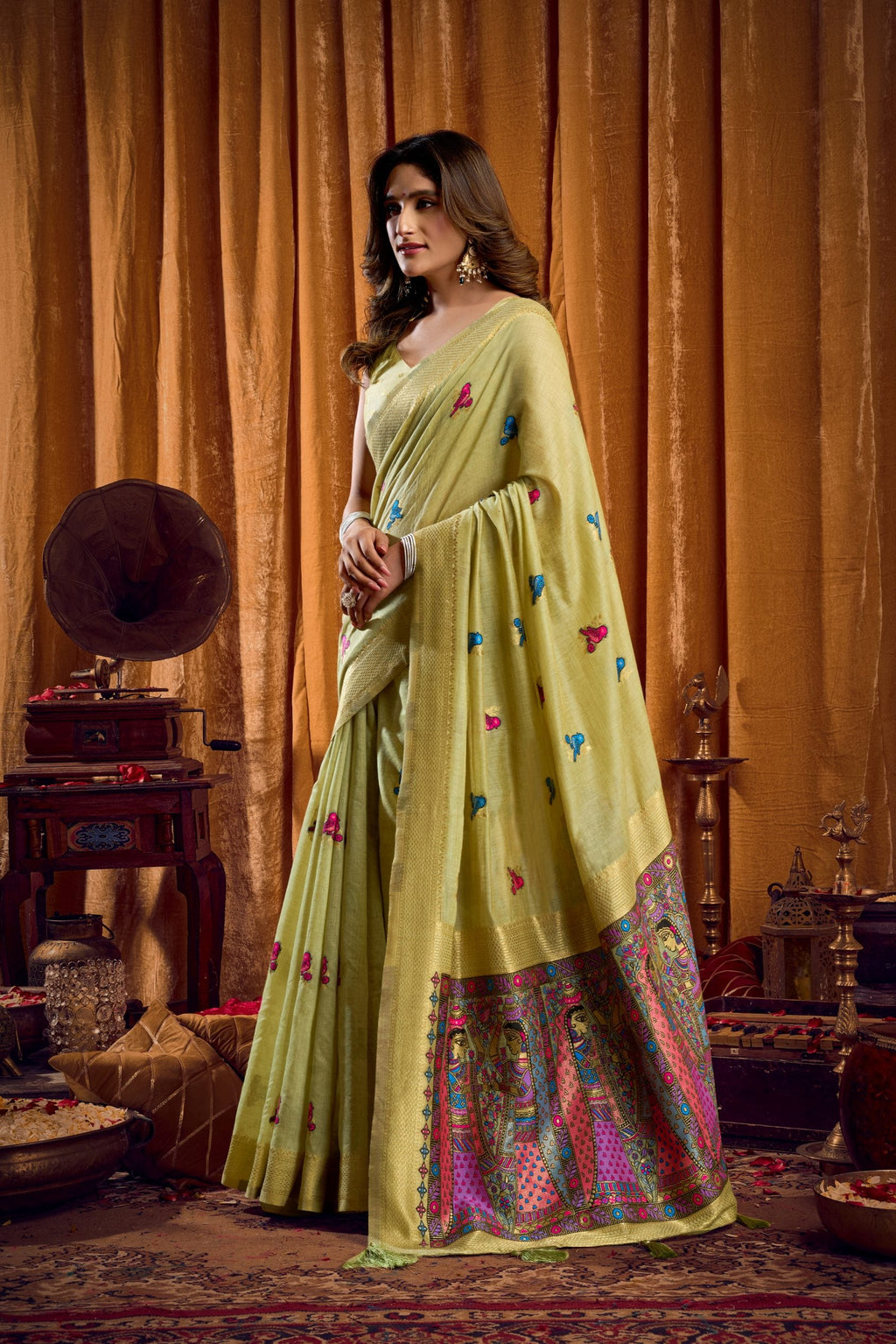 Jyoti Fashion Women's Green Khadi Cotton Mina Work Saree with Blouse