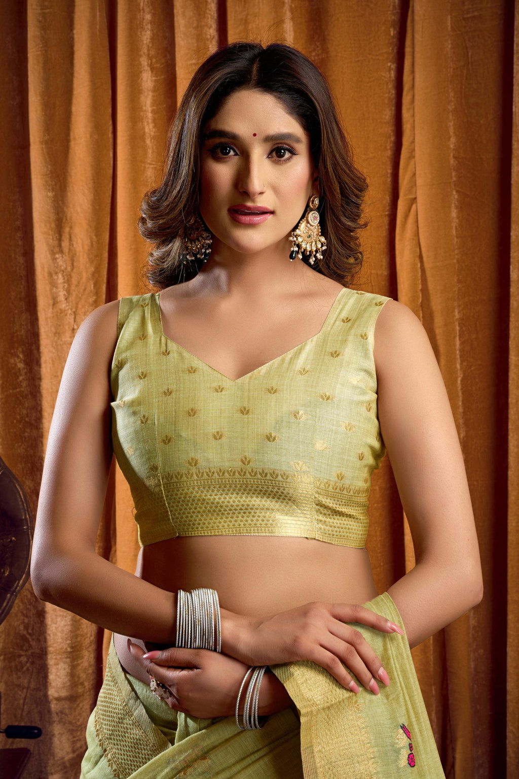 Jyoti Fashion Women's Green Khadi Cotton Mina Work Saree with Blouse