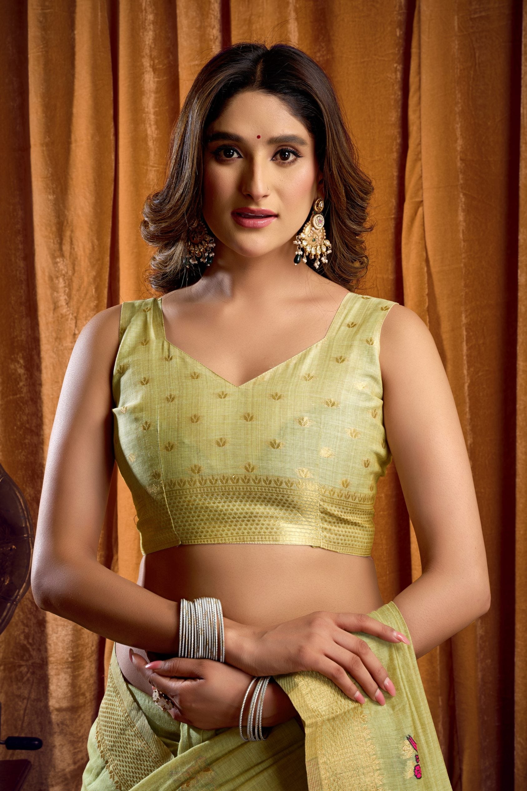 Jyoti Fashion Women's Green Khadi Cotton Mina Work Saree with Blouse
