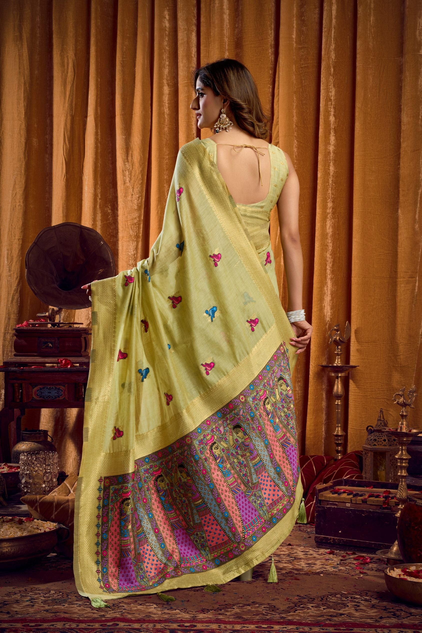 Jyoti Fashion Women's Green Khadi Cotton Mina Work Saree with Blouse