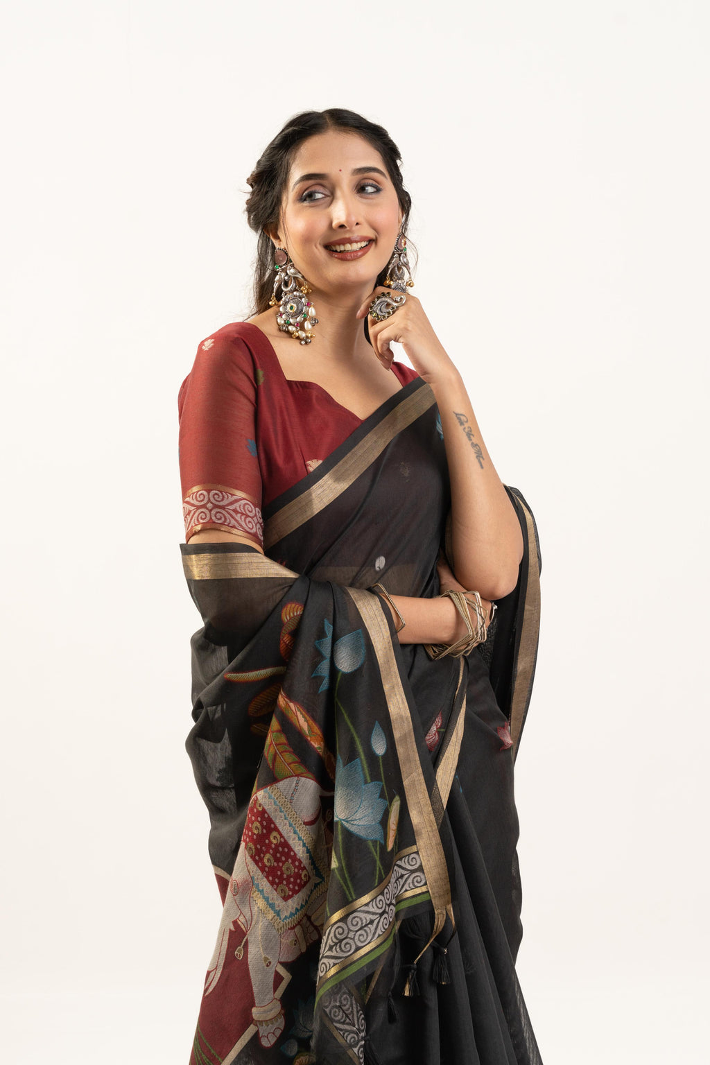 Jyoti Fashion Women's Black Soft Muga Cotton Zari Woven Saree with Blouse