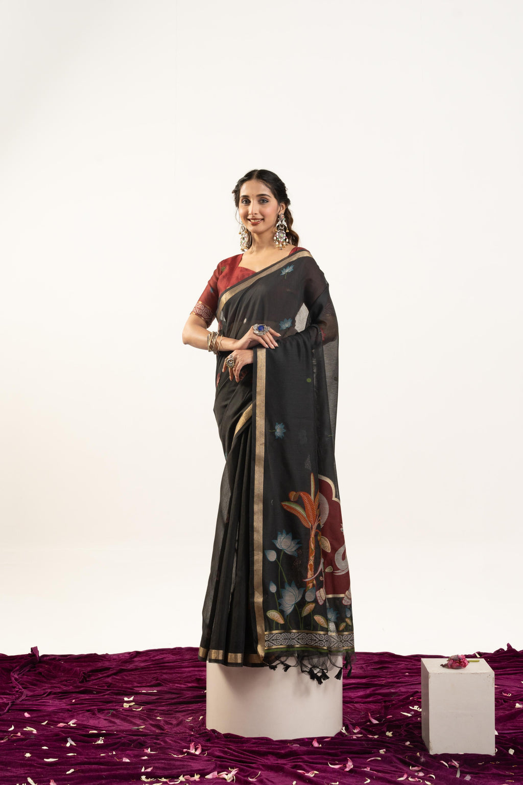 Jyoti Fashion Women's Black Soft Muga Cotton Zari Woven Saree with Blouse