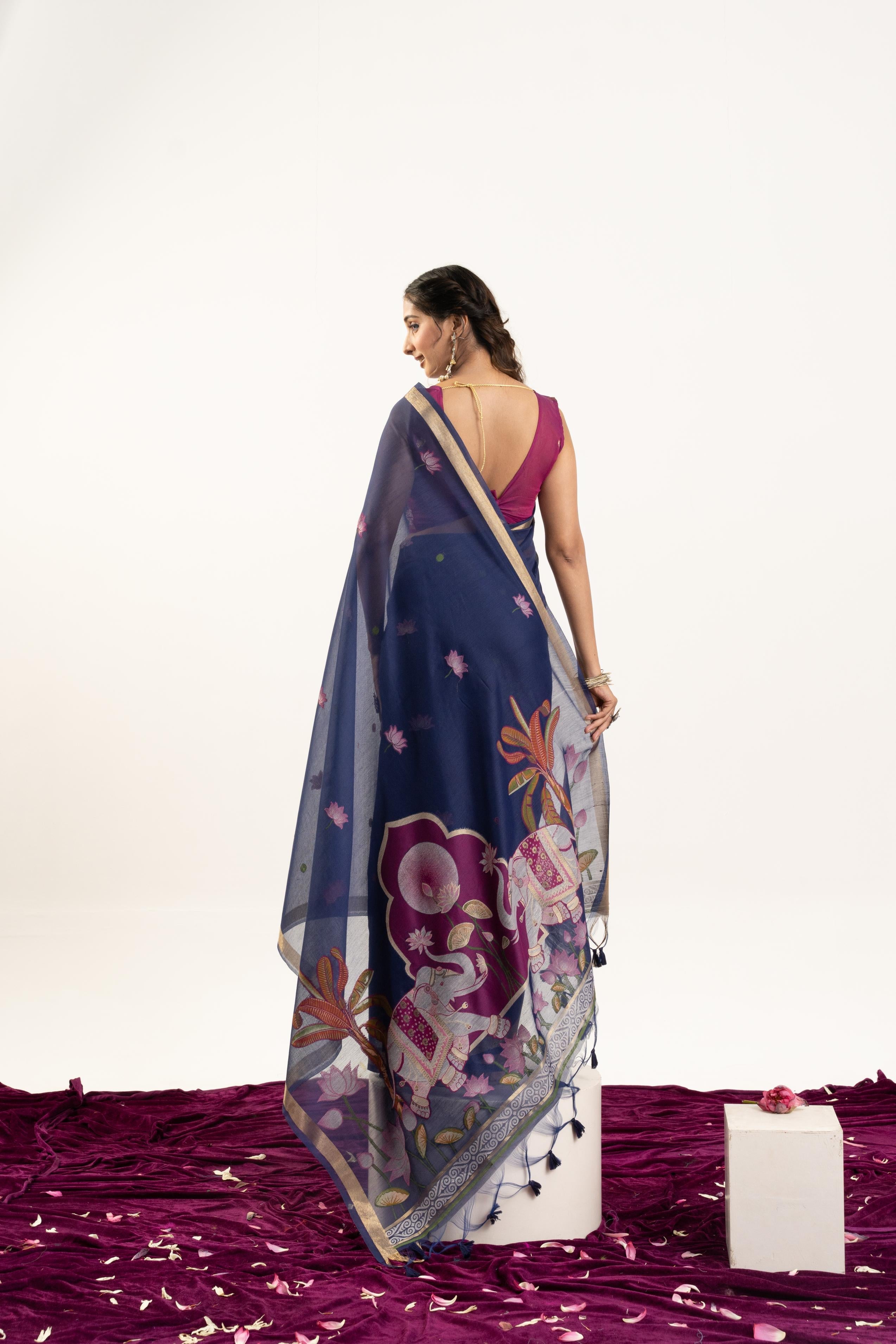Jyoti Fashion Women's Navy Blue Soft Muga Cotton Zari Woven Saree with Blouse
