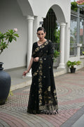 Jyoti Fashion Women's Black Soft Jute Linen Silk Zari Woven Saree with Blouse
