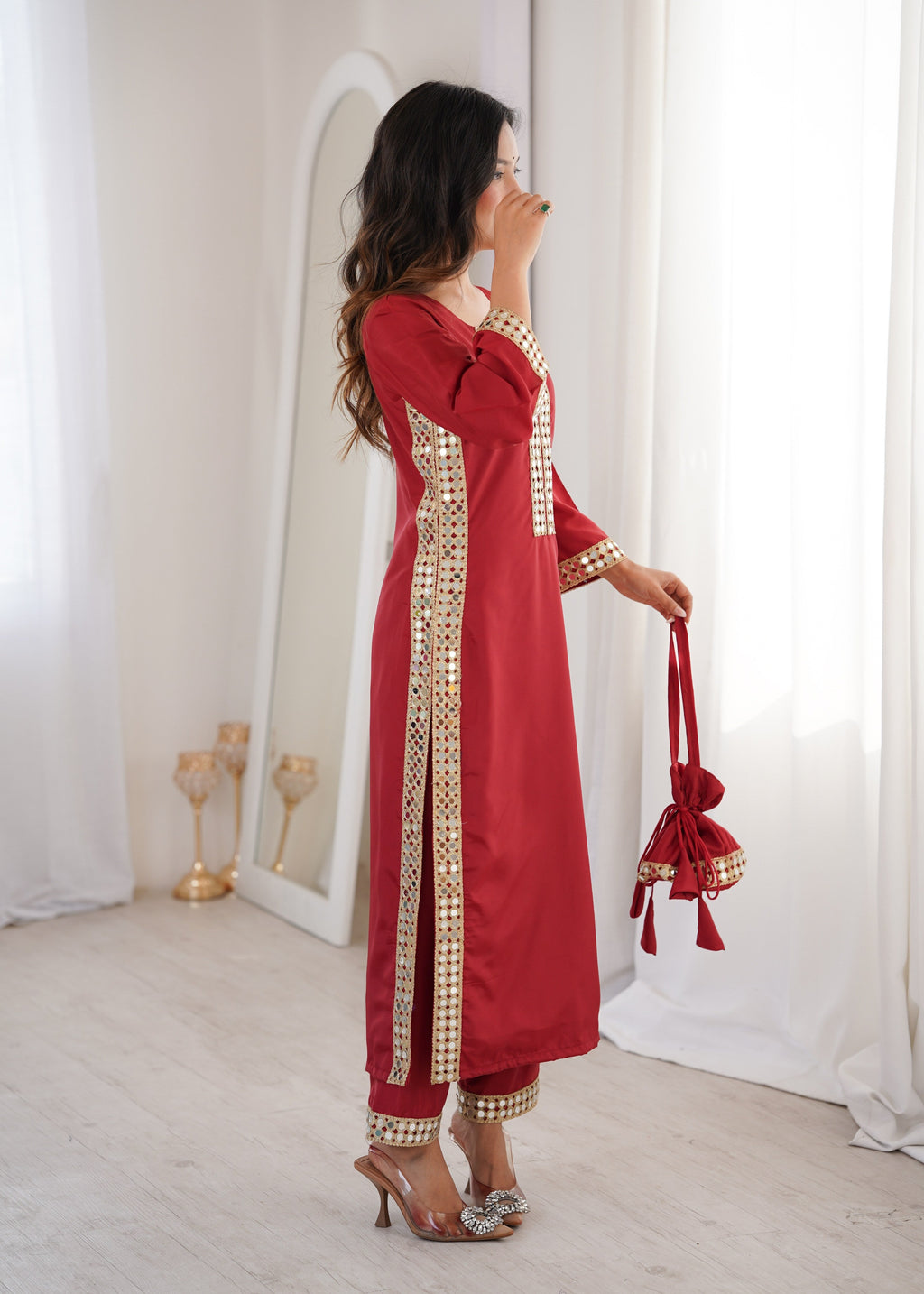 Jyoti Fashion Maroon Natural Crepe Real Mirror Lace Work Designer Kurta Set with Batwa