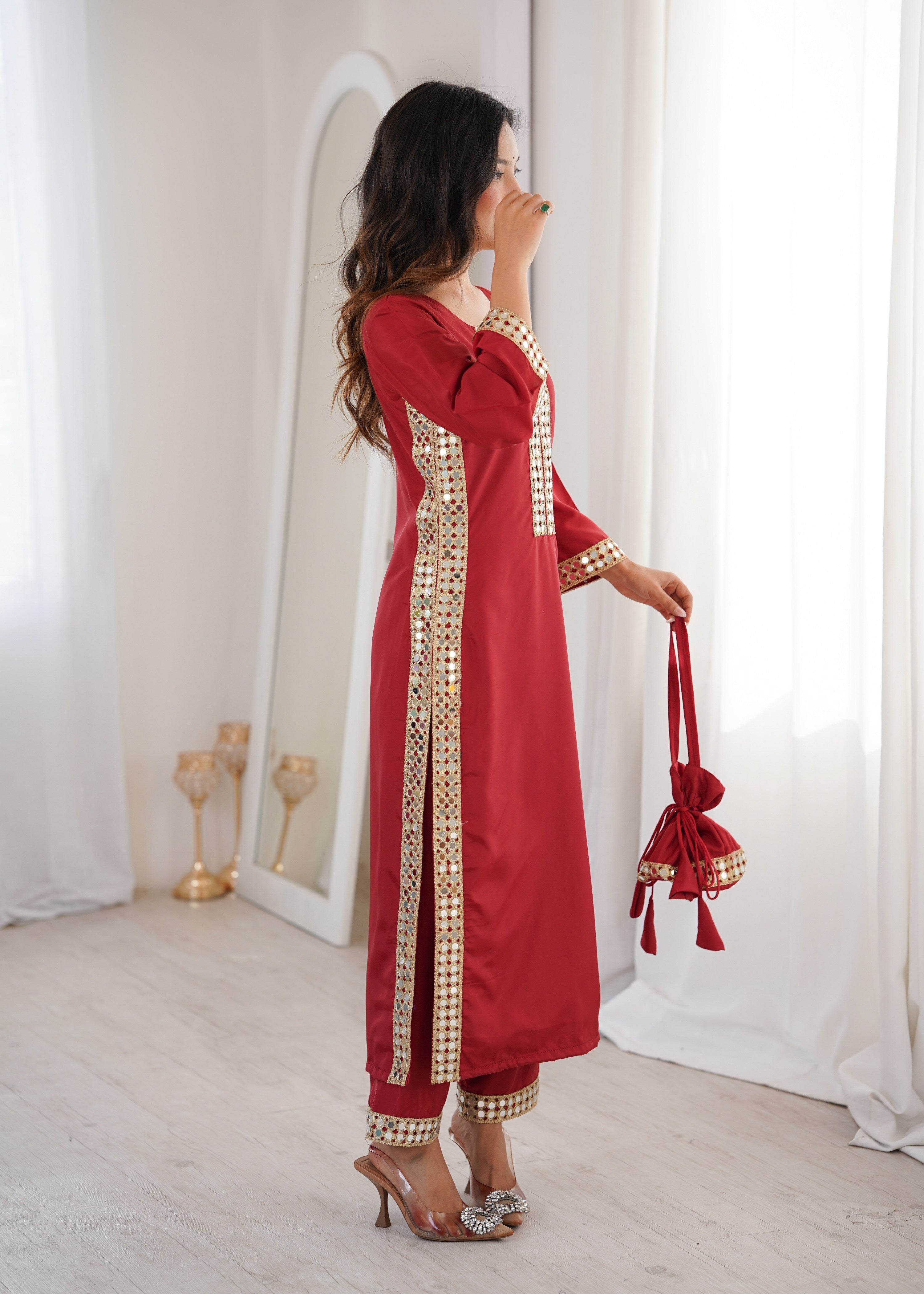 Jyoti Fashion Maroon Natural Crepe Real Mirror Lace Work Designer Kurta Set with Batwa