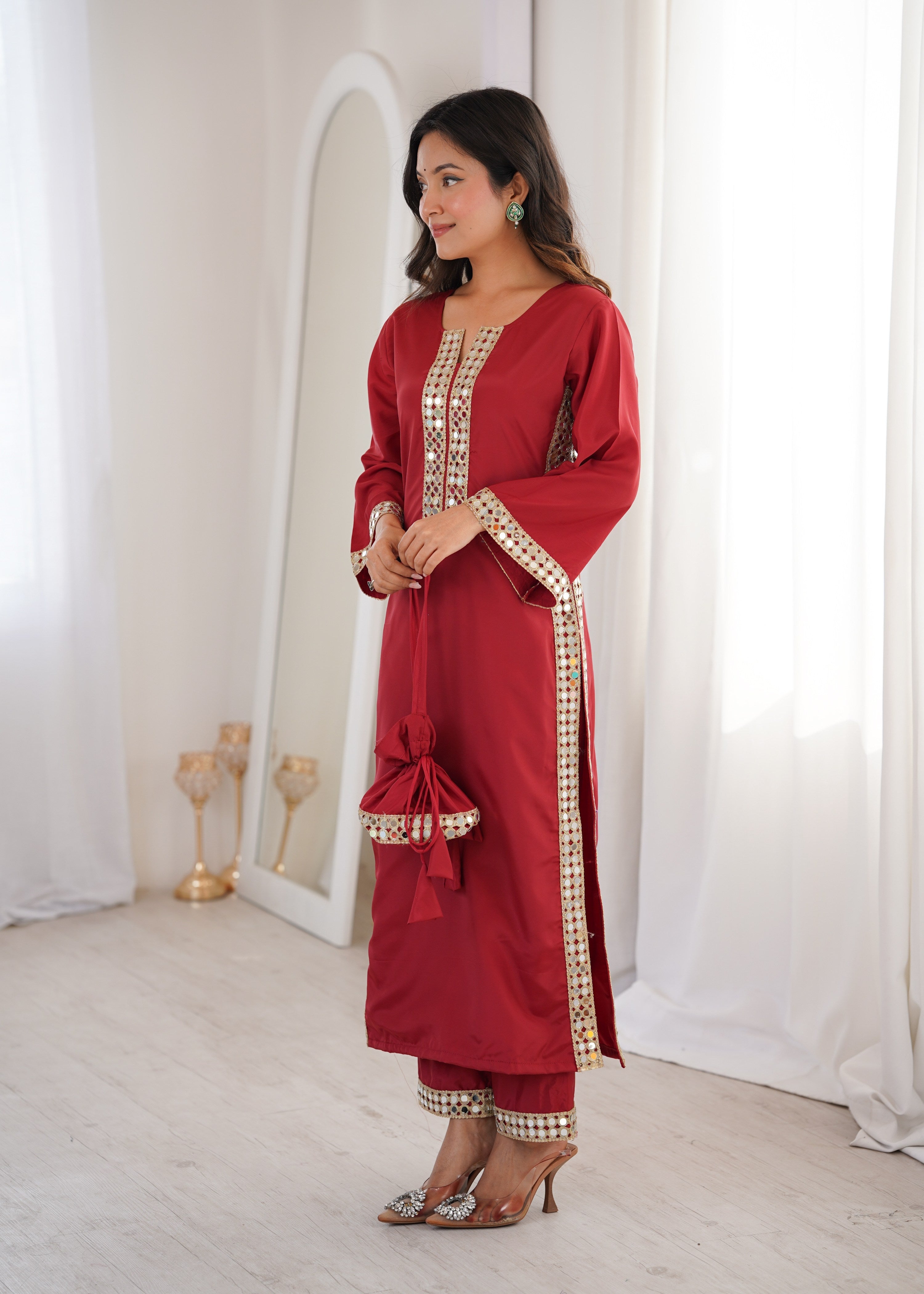 Jyoti Fashion Maroon Natural Crepe Real Mirror Lace Work Designer Kurta Set with Batwa