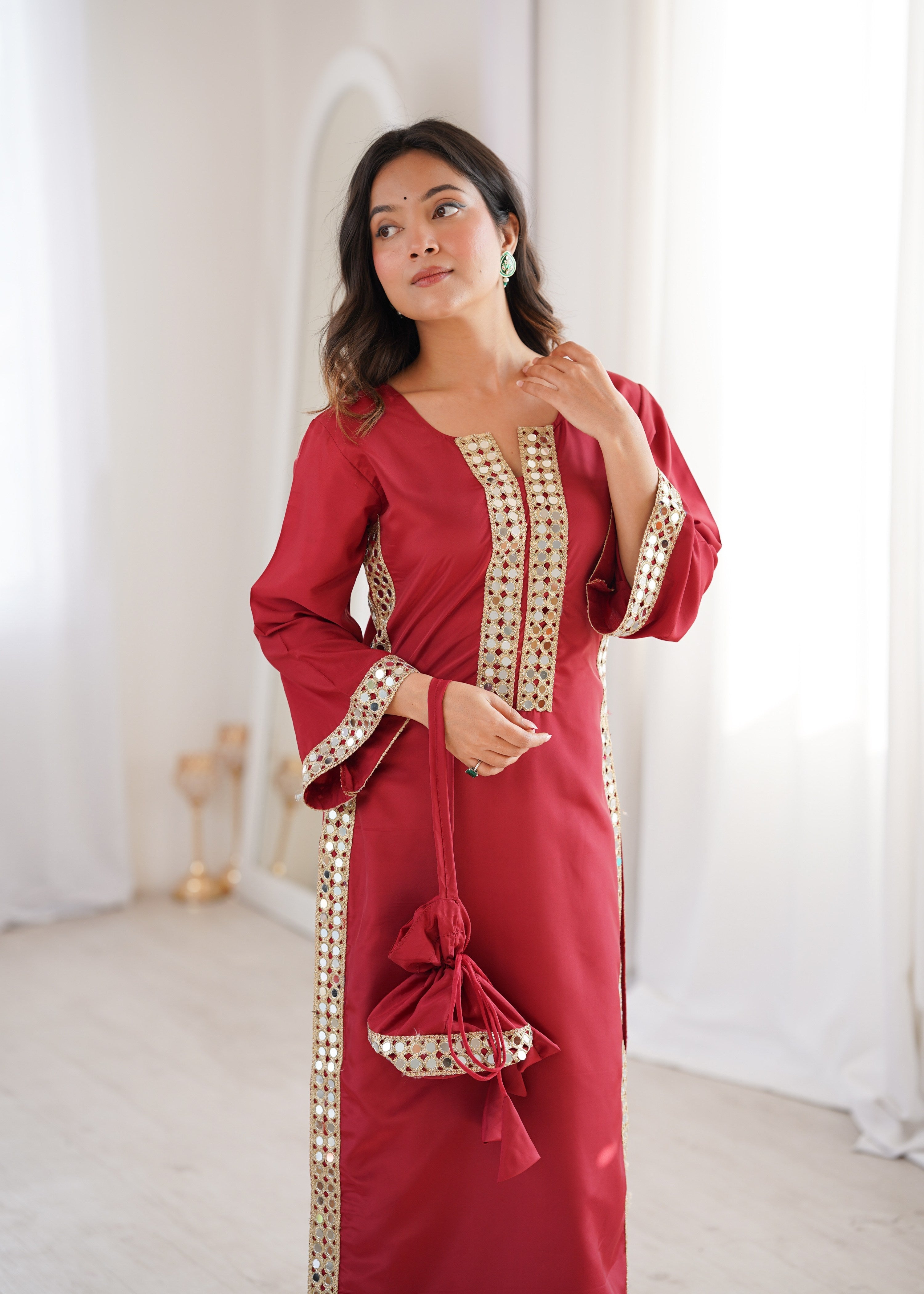 Jyoti Fashion Maroon Natural Crepe Real Mirror Lace Work Designer Kurta Set with Batwa