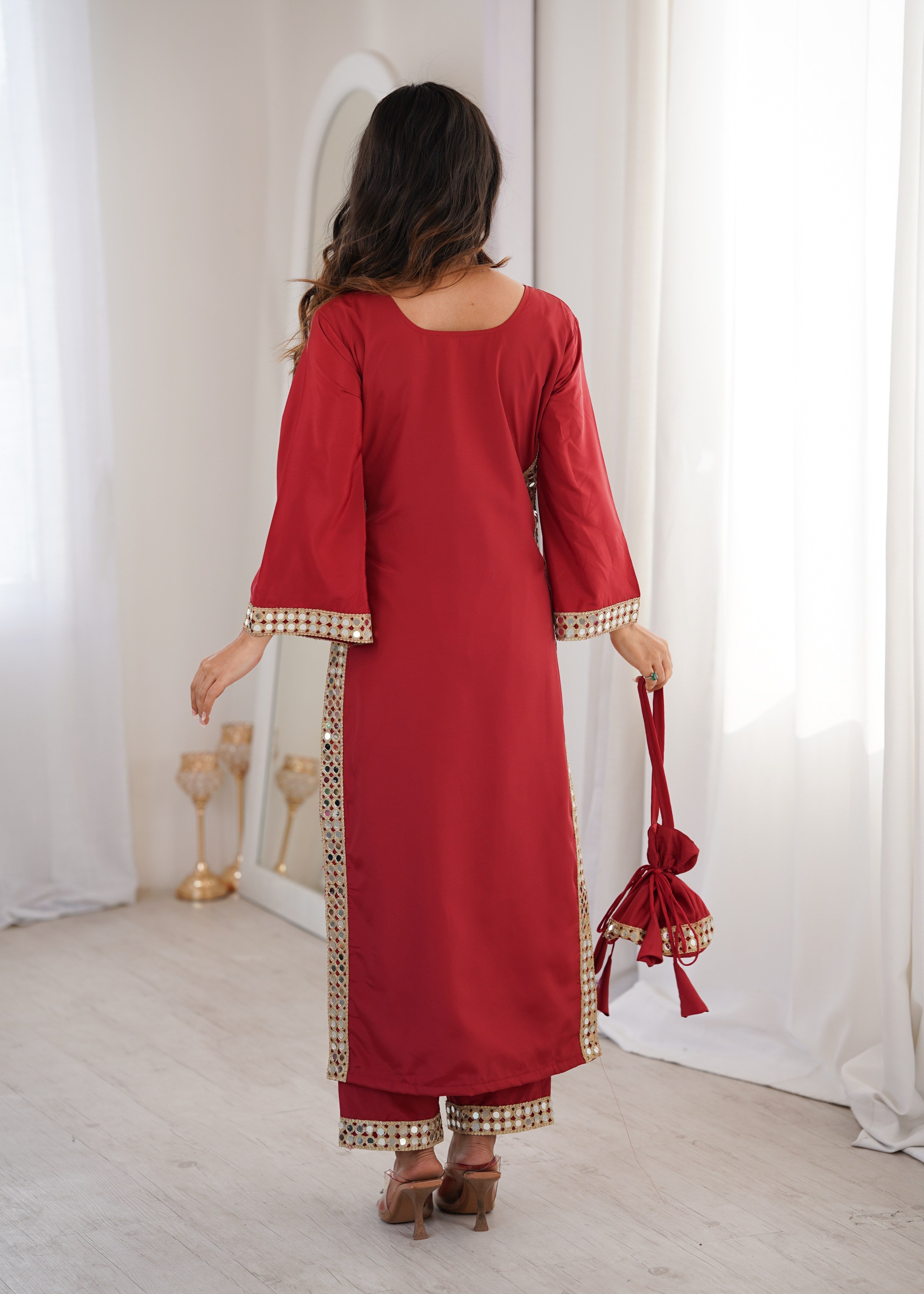 Jyoti Fashion Maroon Natural Crepe Real Mirror Lace Work Designer Kurta Set with Batwa