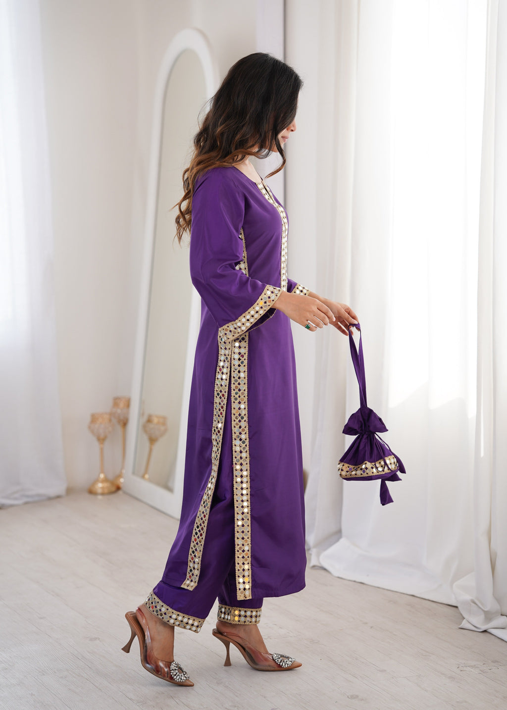 Jyoti Fashion Purple Natural Crepe Real Mirror Lace Work Designer Kurta Set with Batwa