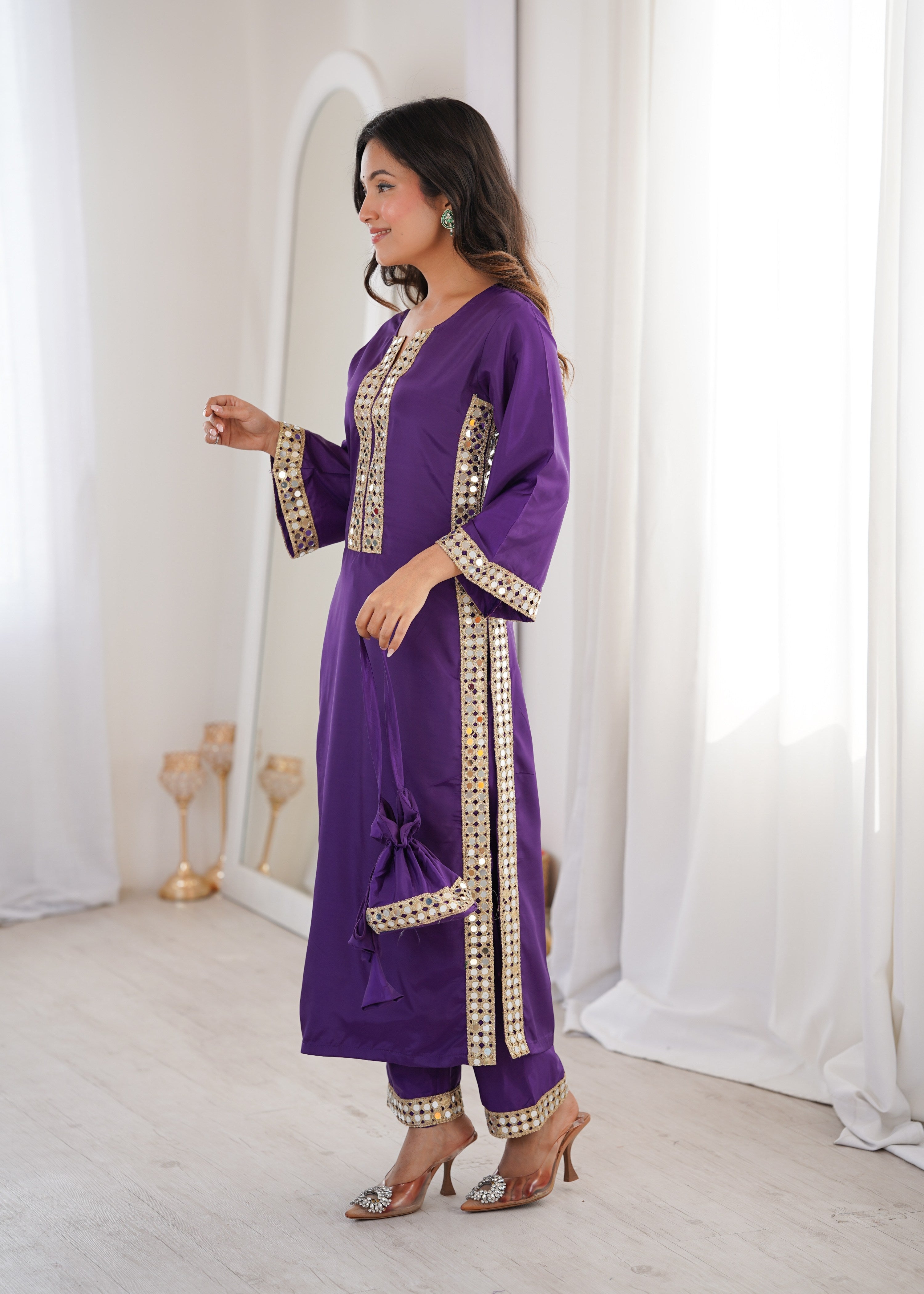 Jyoti Fashion Purple Natural Crepe Real Mirror Lace Work Designer Kurta Set with Batwa