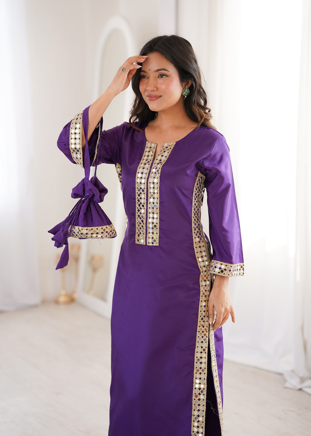 Jyoti Fashion Purple Natural Crepe Real Mirror Lace Work Designer Kurta Set with Batwa