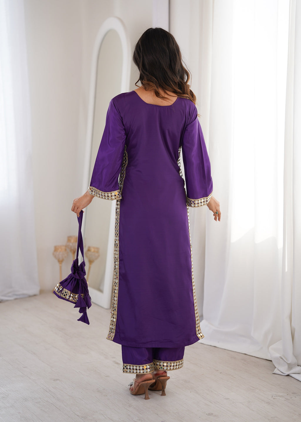 Jyoti Fashion Purple Natural Crepe Real Mirror Lace Work Designer Kurta Set with Batwa