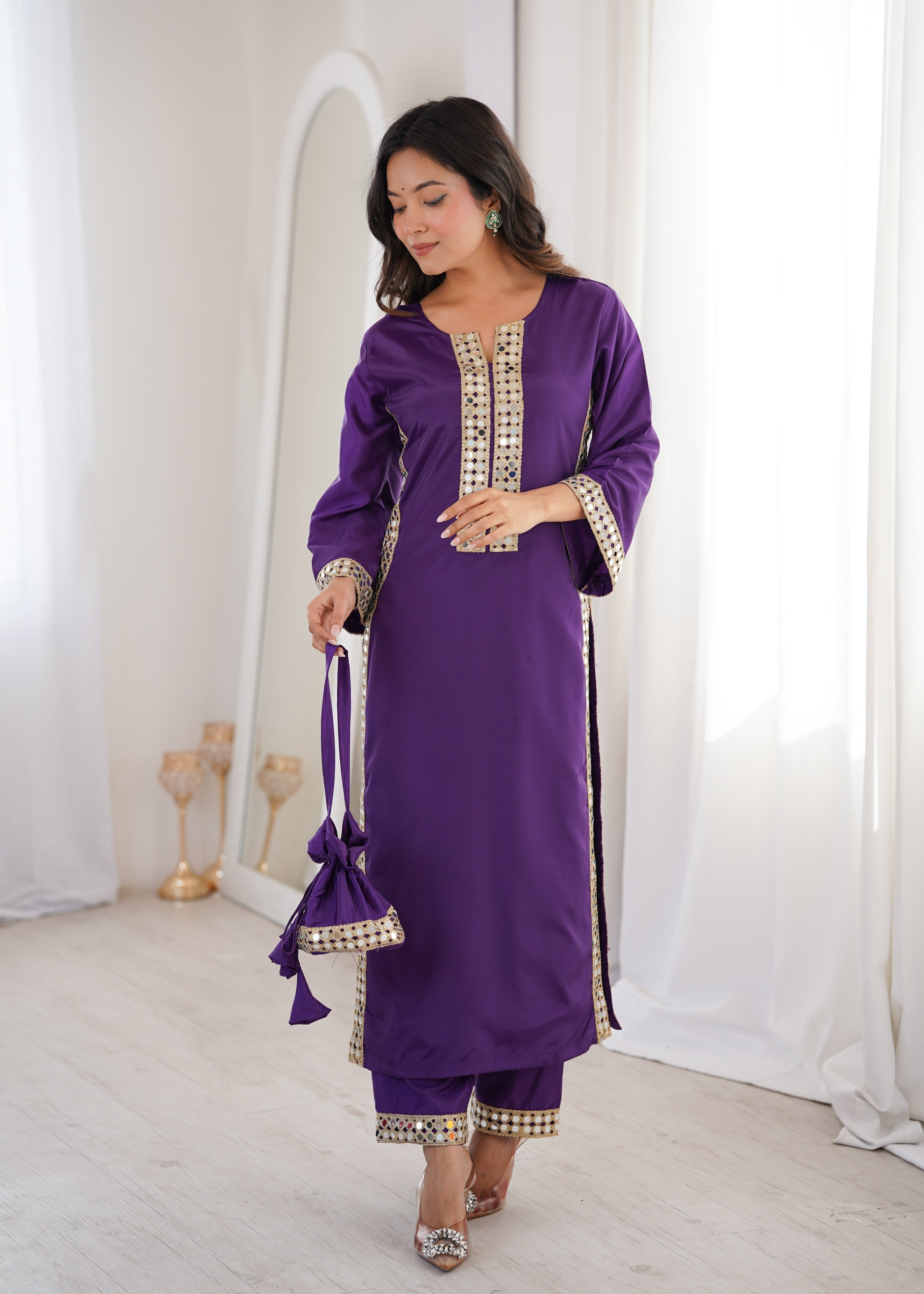 Jyoti Fashion Purple Natural Crepe Real Mirror Lace Work Designer Kurta Set with Batwa