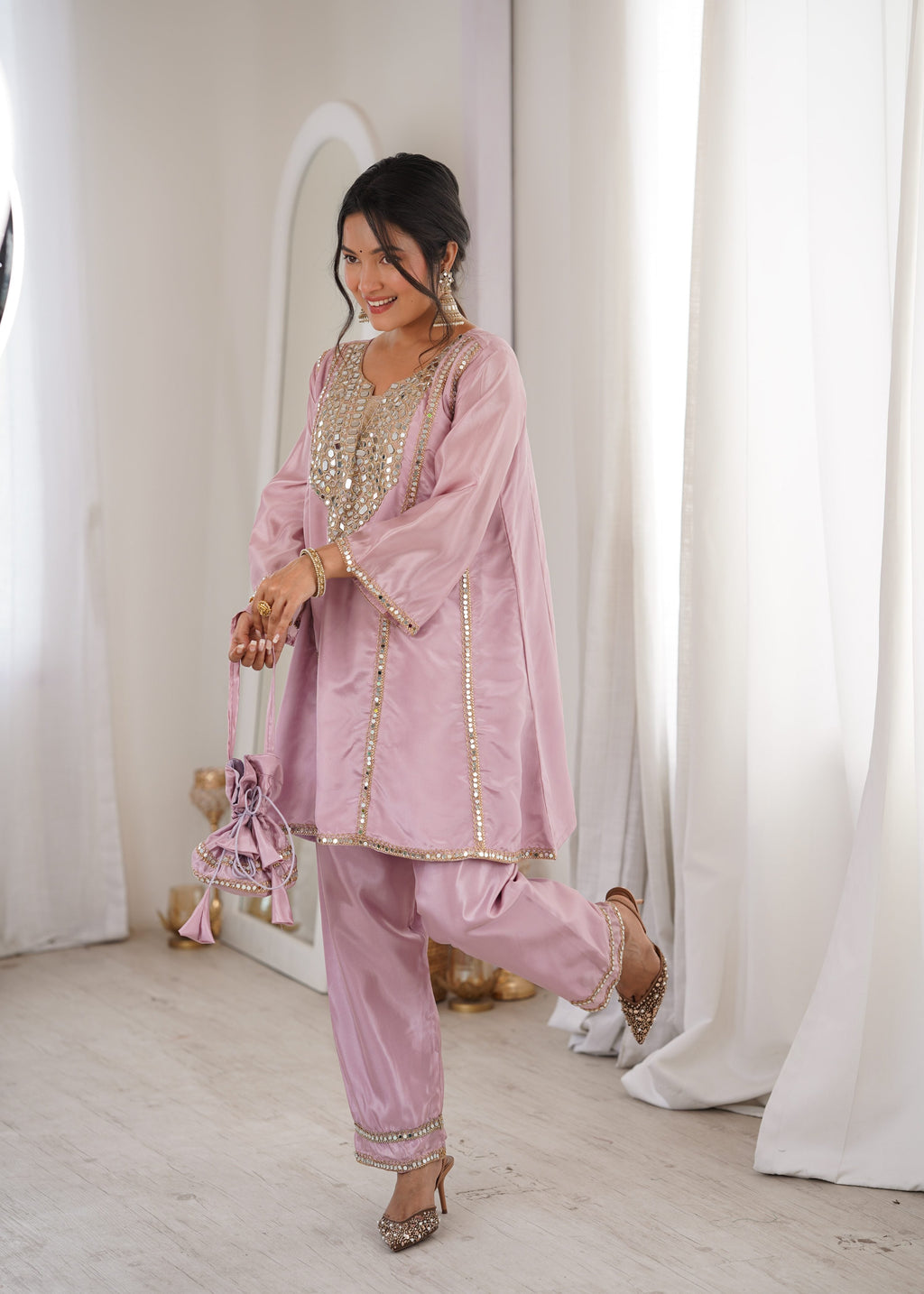 Jyoti Fashion Baby Pink HO Silk Embroidered Designer Kurta Set with Batwa