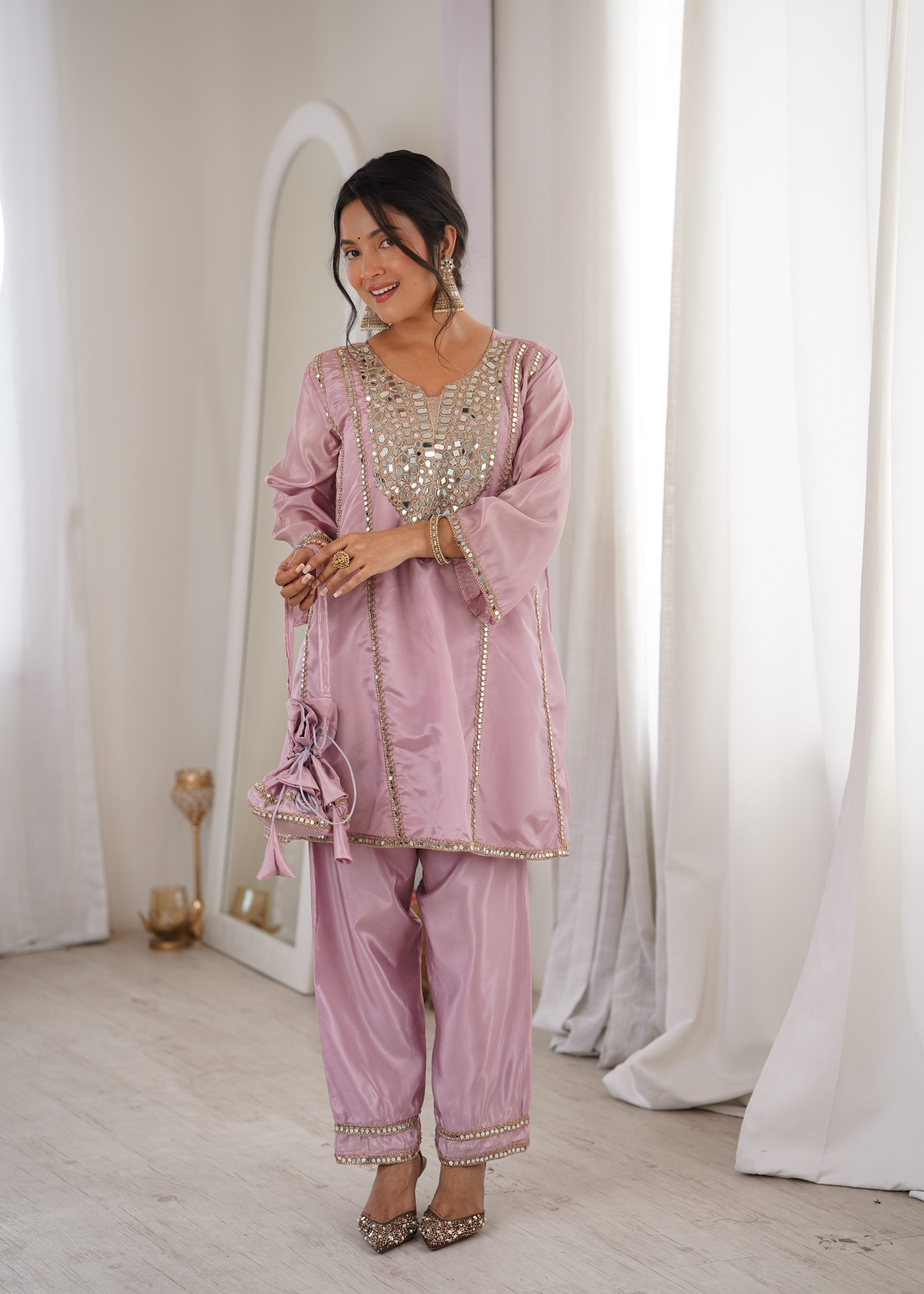 Jyoti Fashion Baby Pink HO Silk Embroidered Designer Kurta Set with Batwa