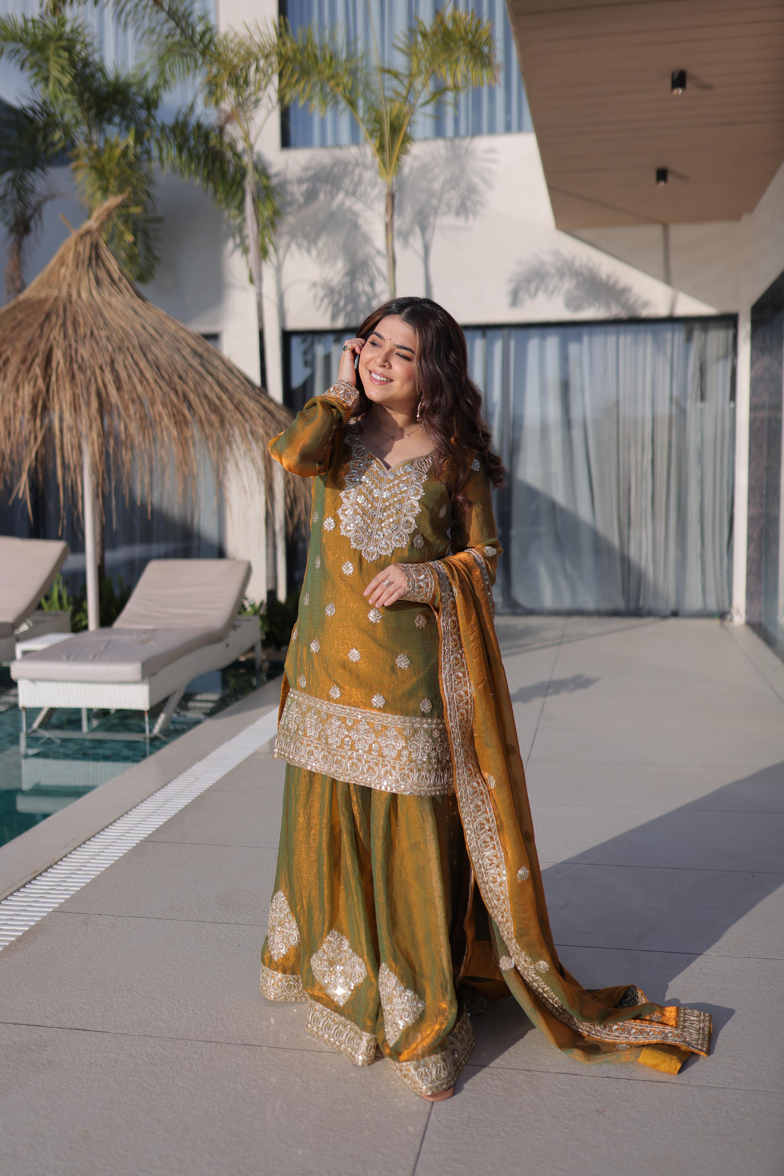 Jyoti Fashion Mustard Fendy Chiffon Embroidered Designer Sharara & Sets