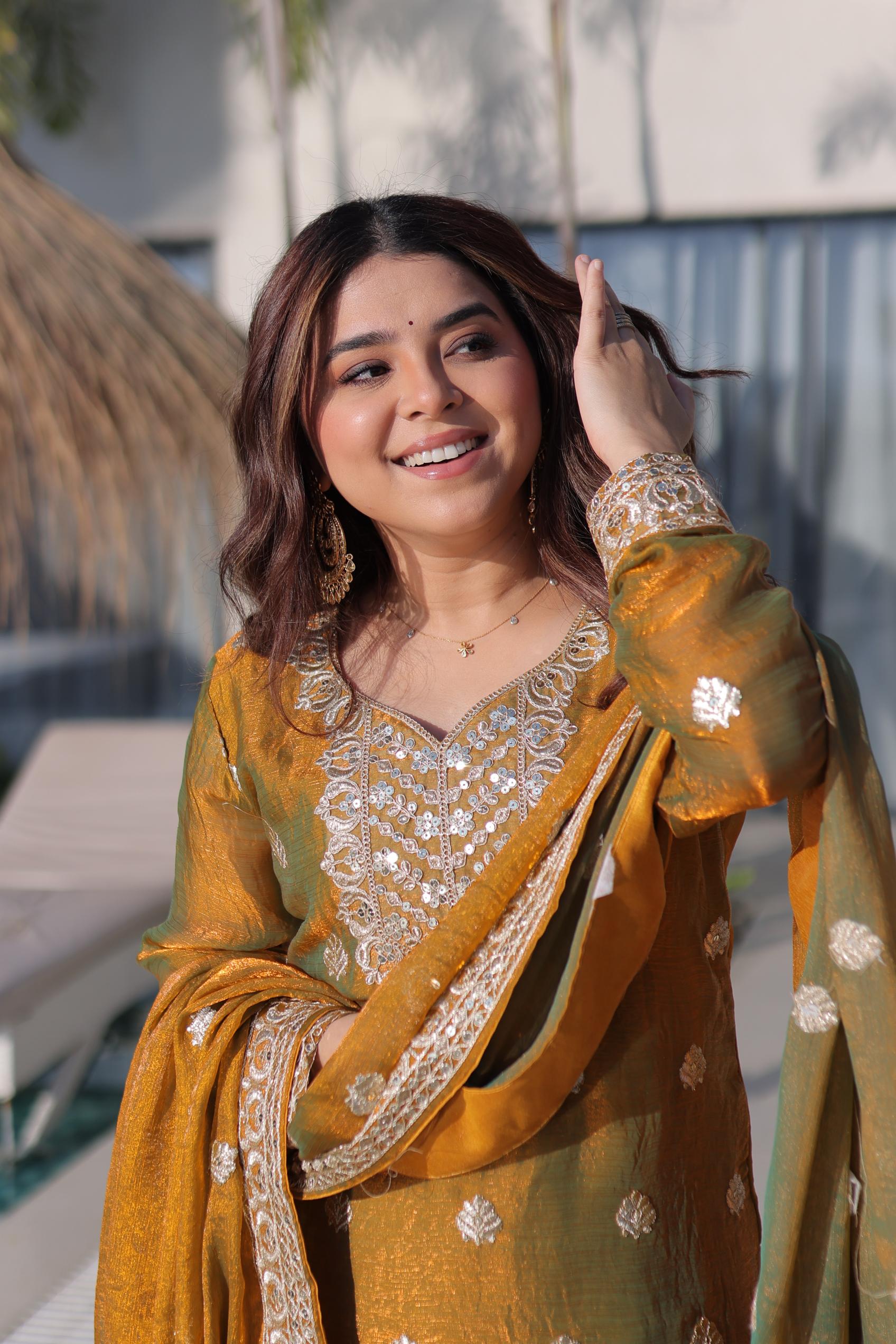 Jyoti Fashion Mustard Fendy Chiffon Embroidered Designer Sharara & Sets