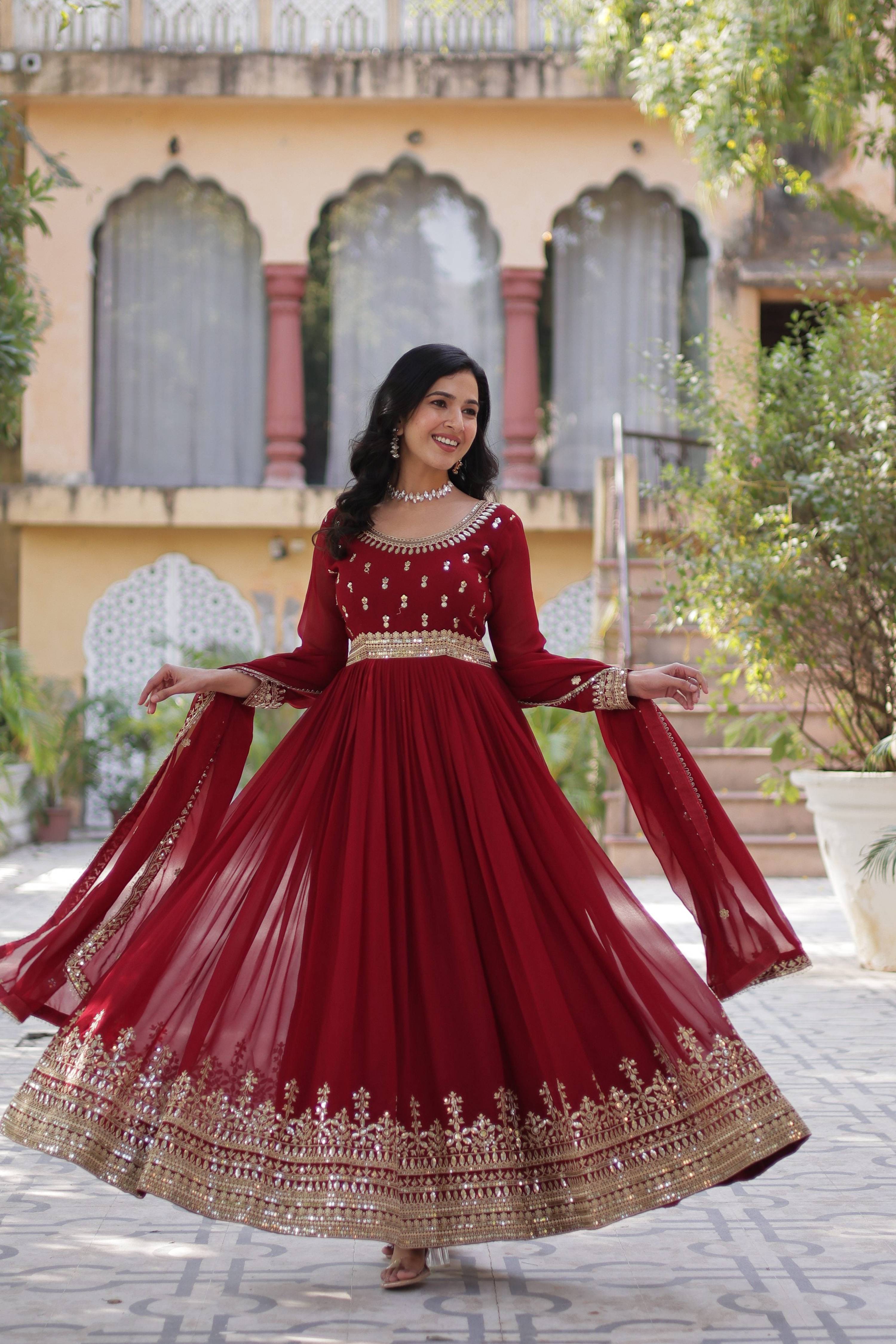 Jyoti Fashion Maroon Faux Blooming Embroidered Anarkali Set With Dupatta