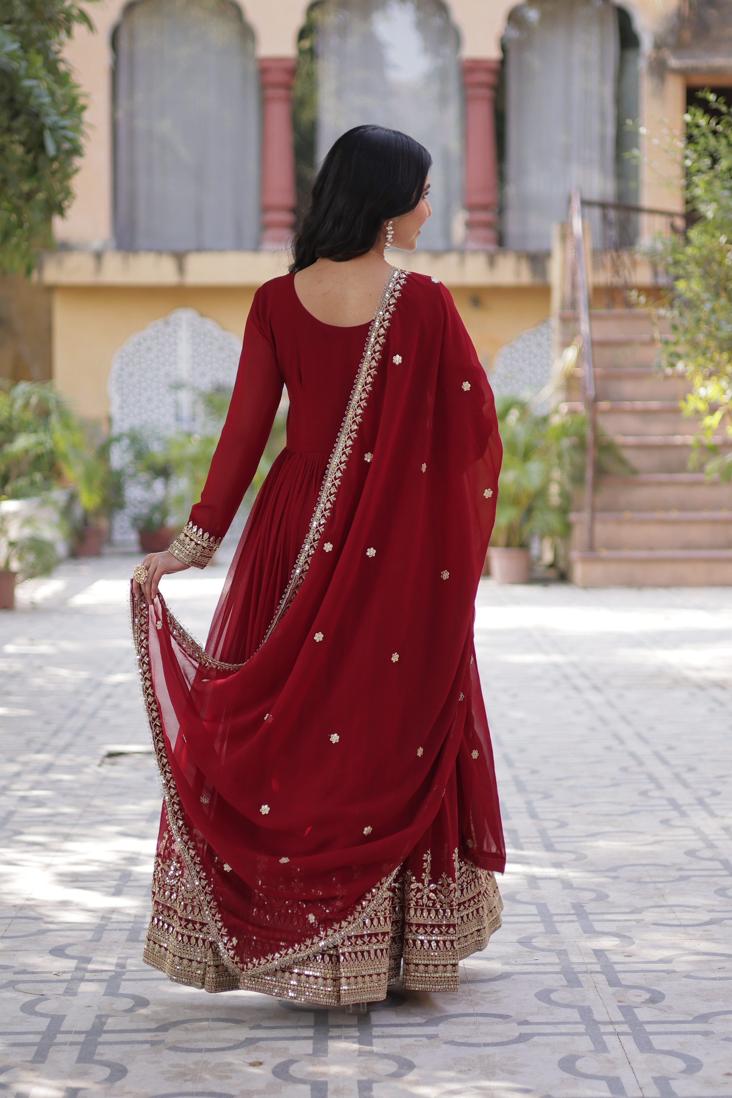 Jyoti Fashion Maroon Faux Blooming Embroidered Anarkali Set With Dupatta