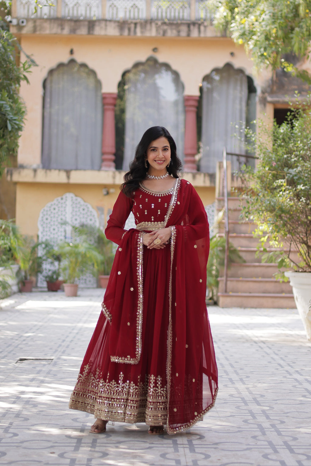 Jyoti Fashion Maroon Faux Blooming Embroidered Anarkali Set With Dupatta