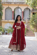 Jyoti Fashion Maroon Faux Blooming Embroidered Anarkali Set With Dupatta