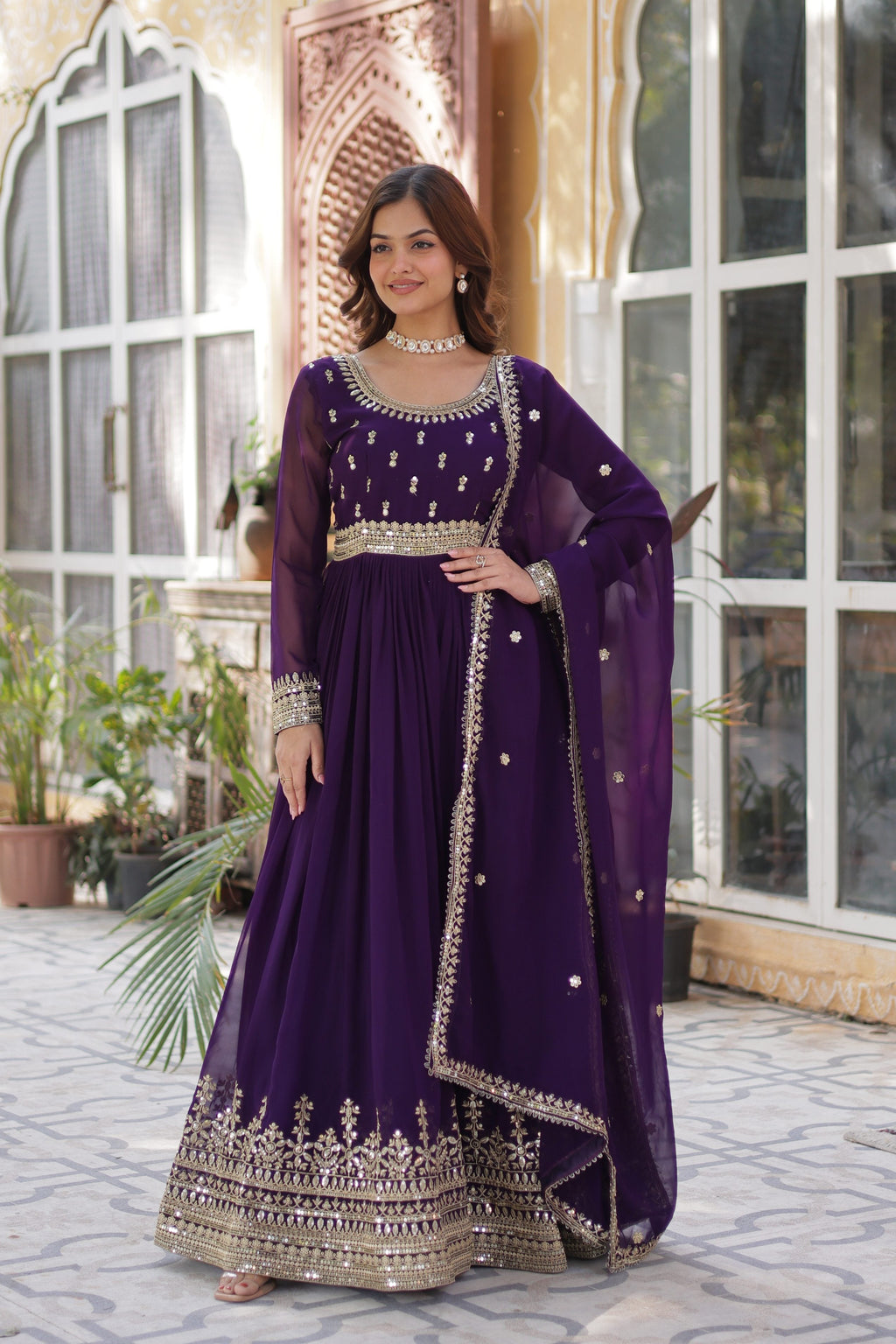 Jyoti Fashion Purple Faux Blooming Embroidered Anarkali Set With Dupatta