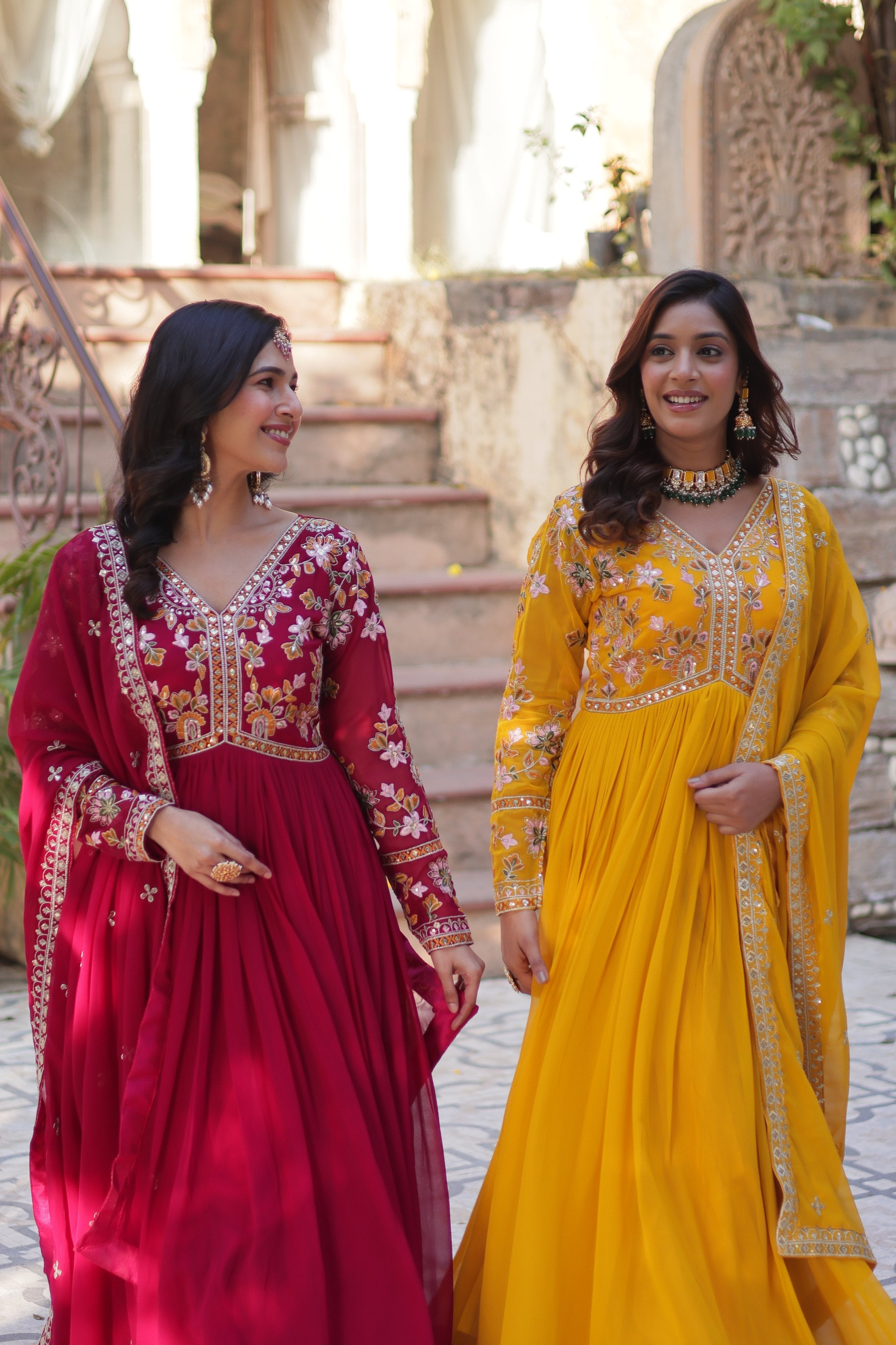 Jyoti Fashion Pink & Yellow Faux Blooming Embroidered Anarkali Set With Dupatta