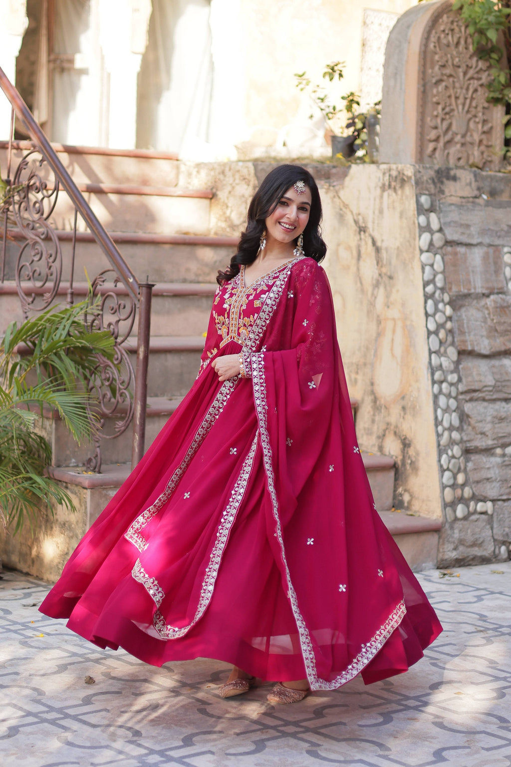Jyoti Fashion Pink Faux Blooming Embroidered Anarkali Set With Dupatta