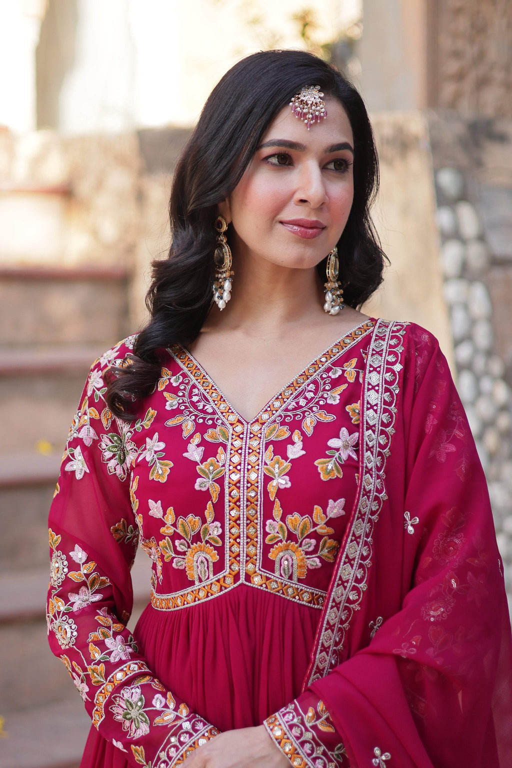 Jyoti Fashion Pink Faux Blooming Embroidered Anarkali Set With Dupatta