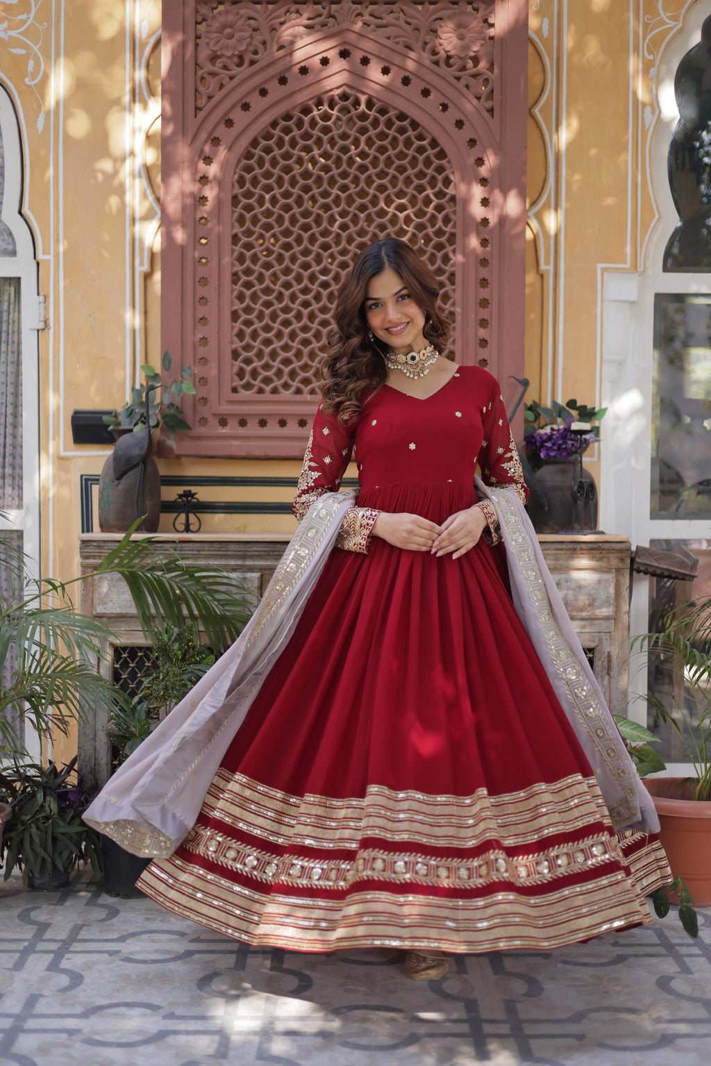 Jyoti Fashion Maroon Faux Blooming Embroidered Anarkali Set With Dupatta
