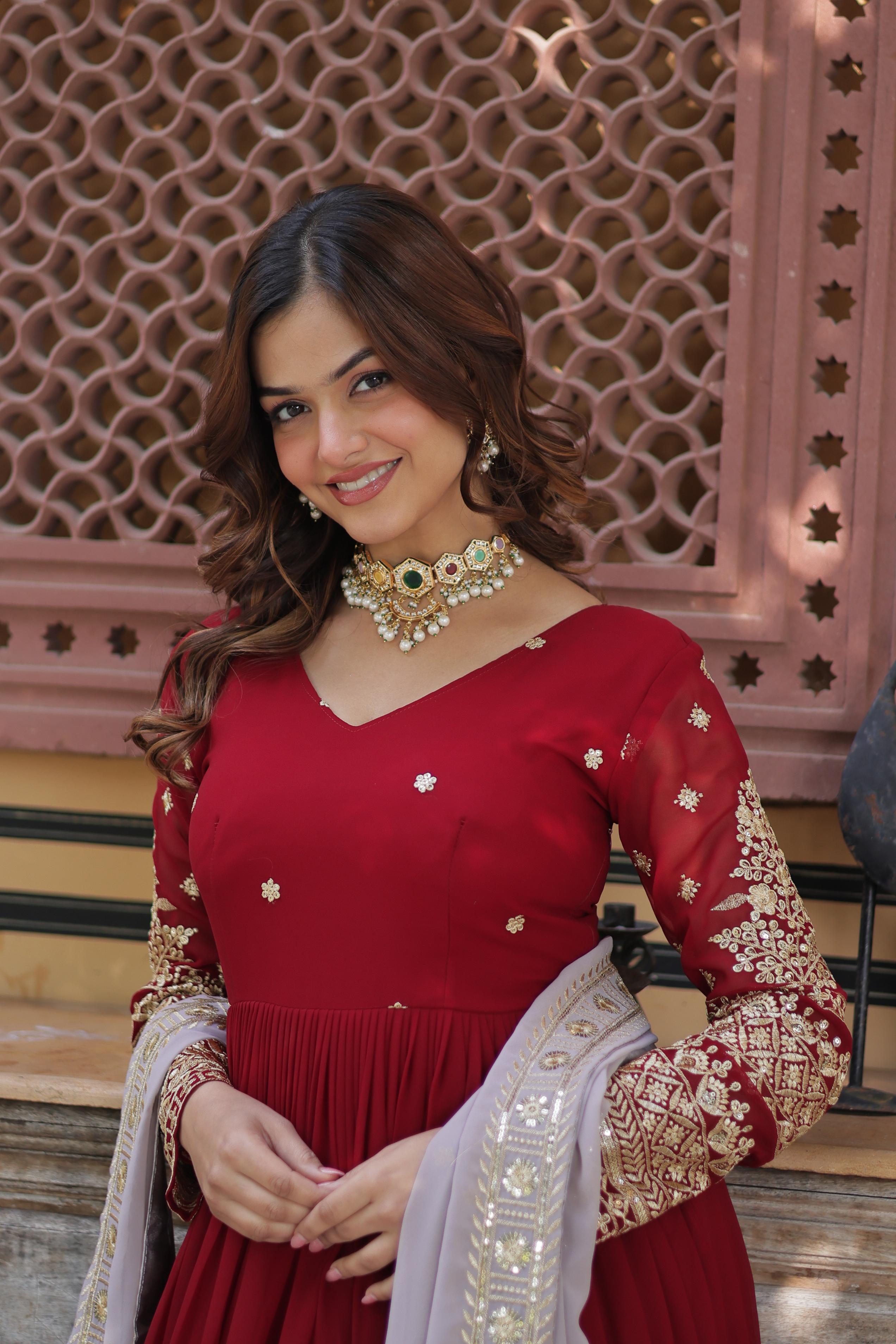 Jyoti Fashion Maroon Faux Blooming Embroidered Anarkali Set With Dupatta