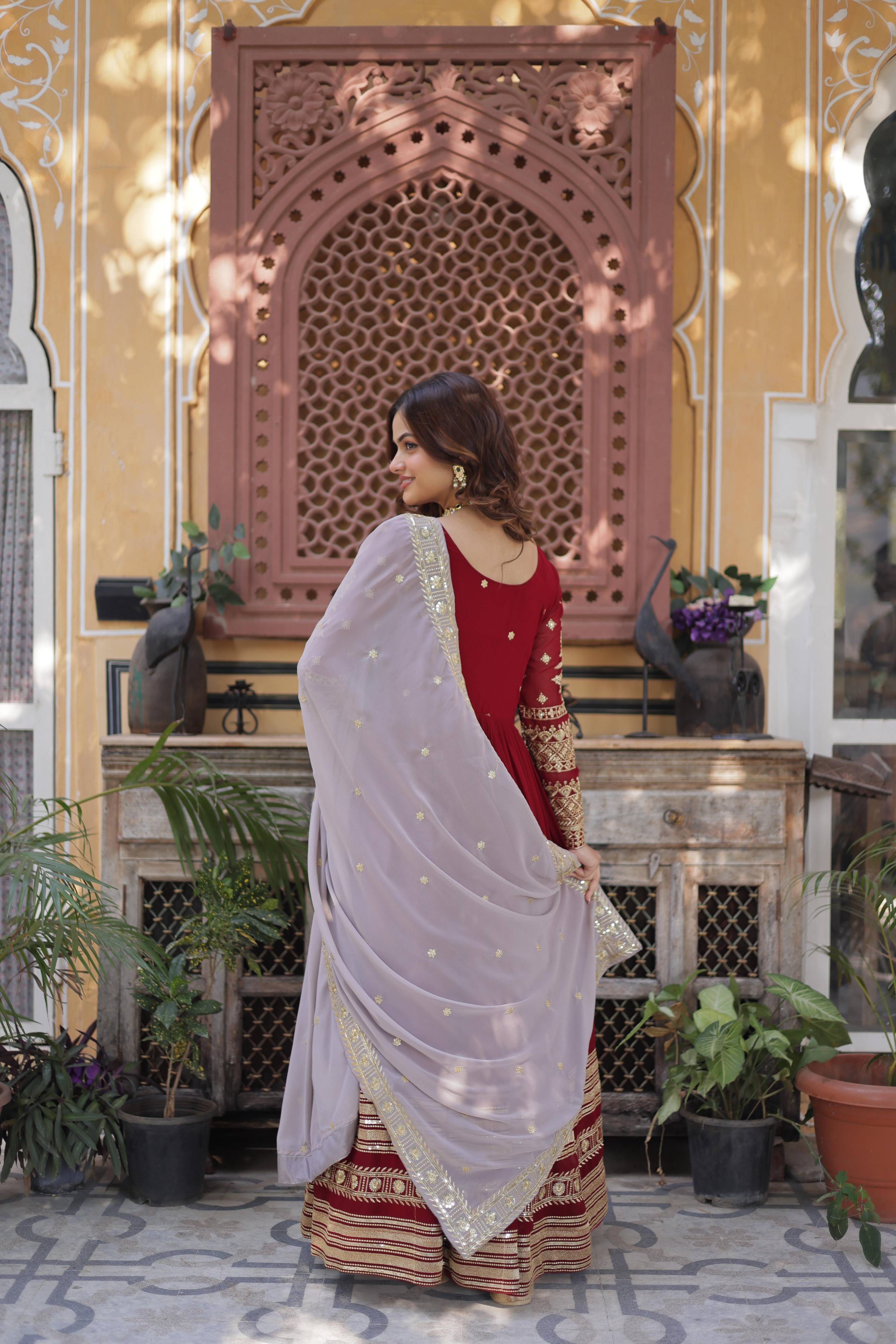 Jyoti Fashion Maroon Faux Blooming Embroidered Anarkali Set With Dupatta