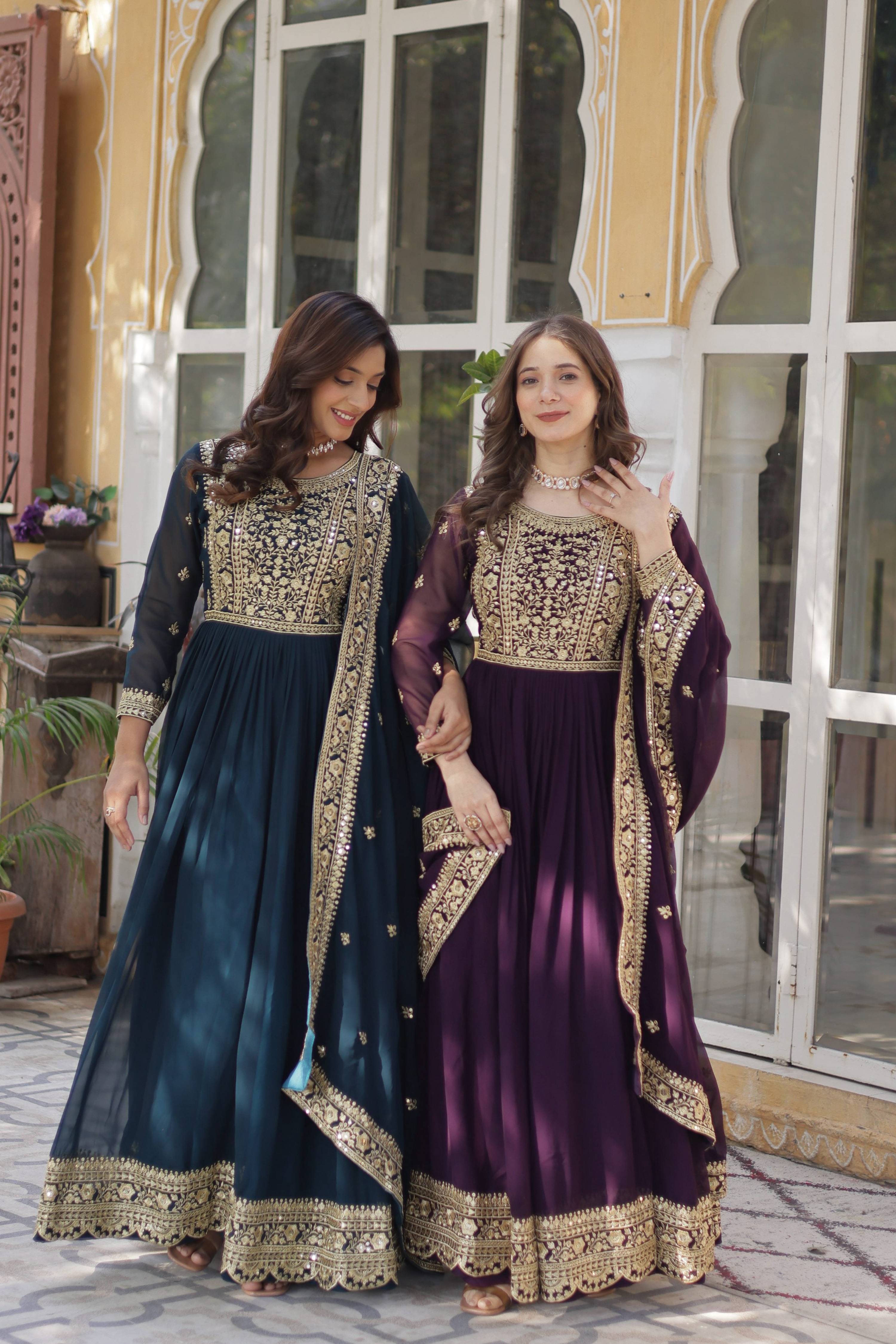 Jyoti Fashion Rama & Wine Faux Blooming Embroidered Combo Anarkali Set with Dupatta