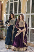 Jyoti Fashion Rama & Wine Faux Blooming Embroidered Combo Anarkali Set with Dupatta