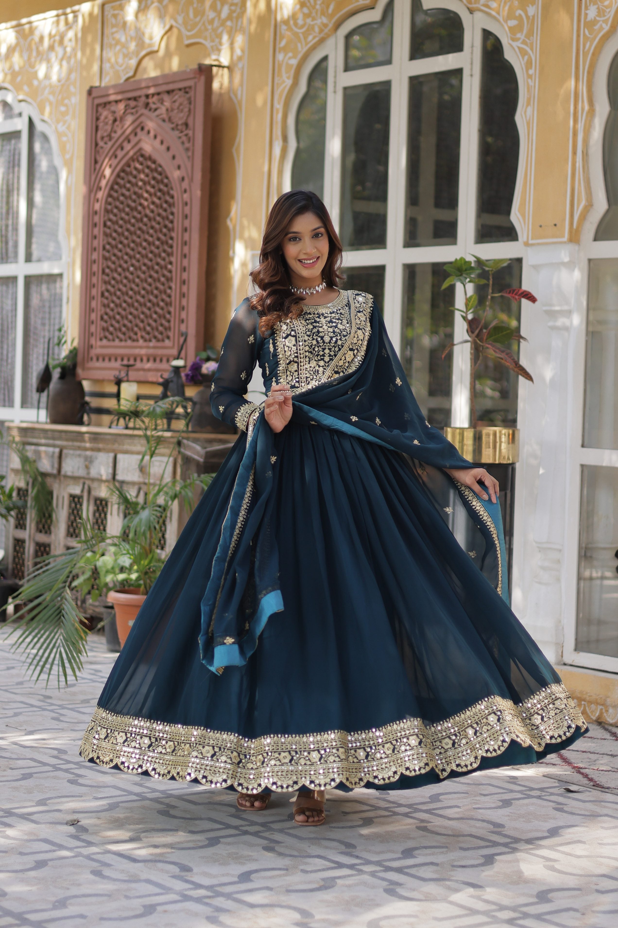 Jyoti Fashion Rama Faux Blooming Embroidered Anarkali Set with Dupatta