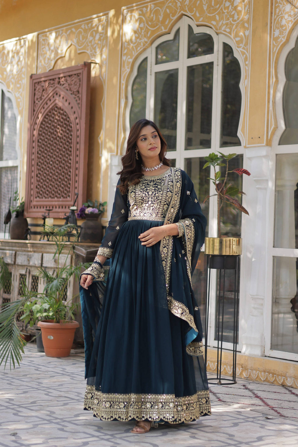 Jyoti Fashion Rama Faux Blooming Embroidered Anarkali Set with Dupatta