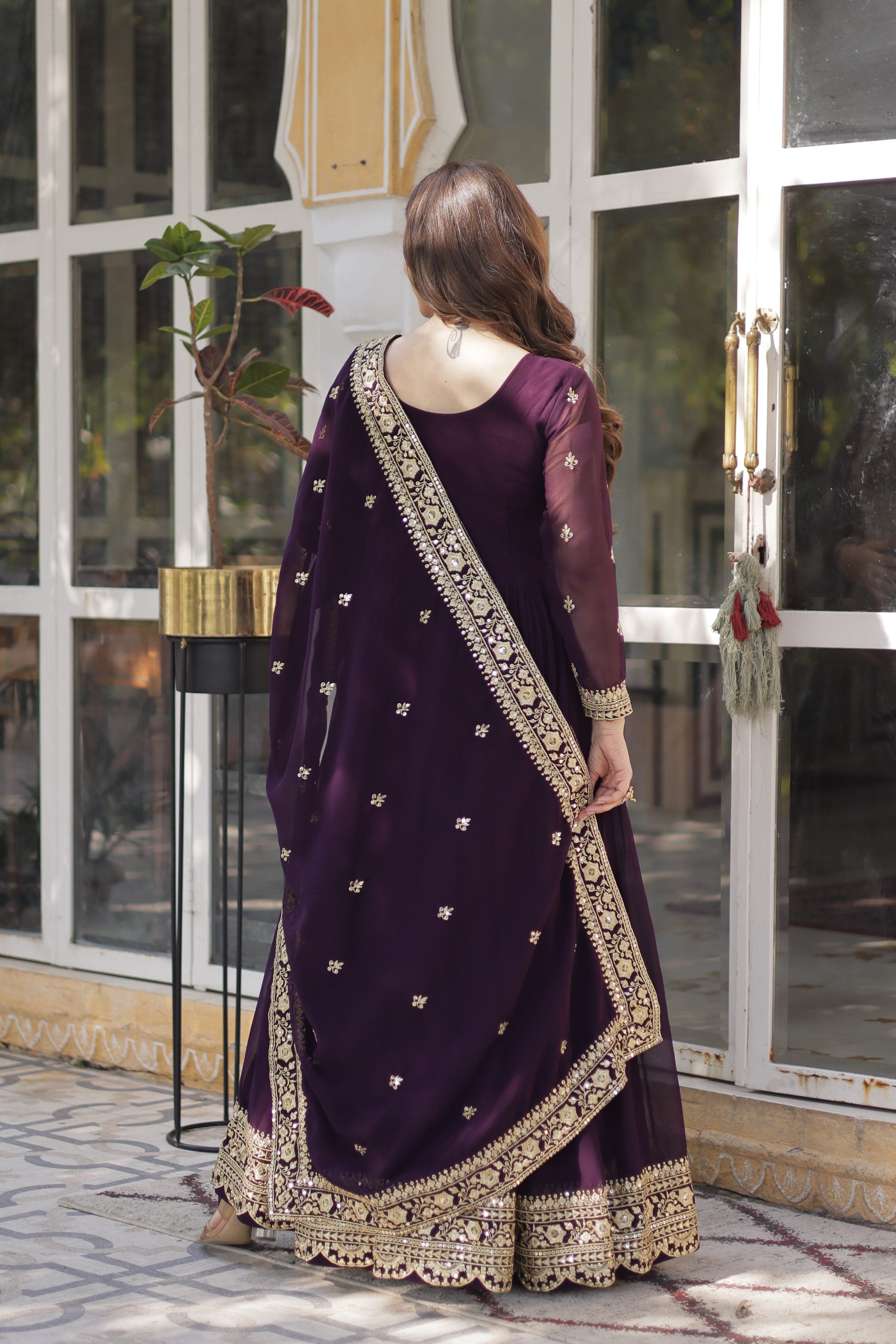 Jyoti Fashion Wine Faux Blooming Embroidered Anarkali Set with Dupatta