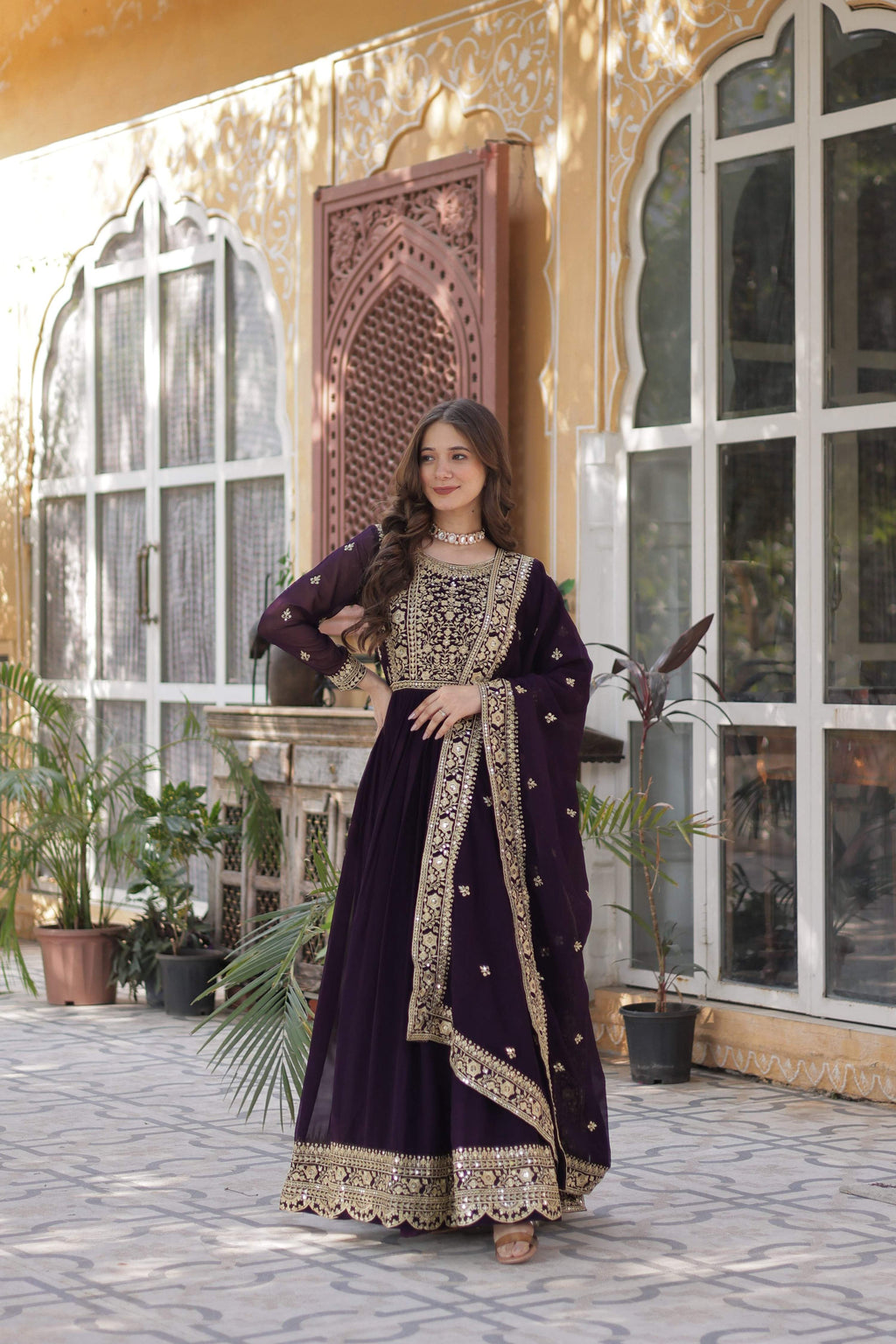 Jyoti Fashion Wine Faux Blooming Embroidered Anarkali Set with Dupatta