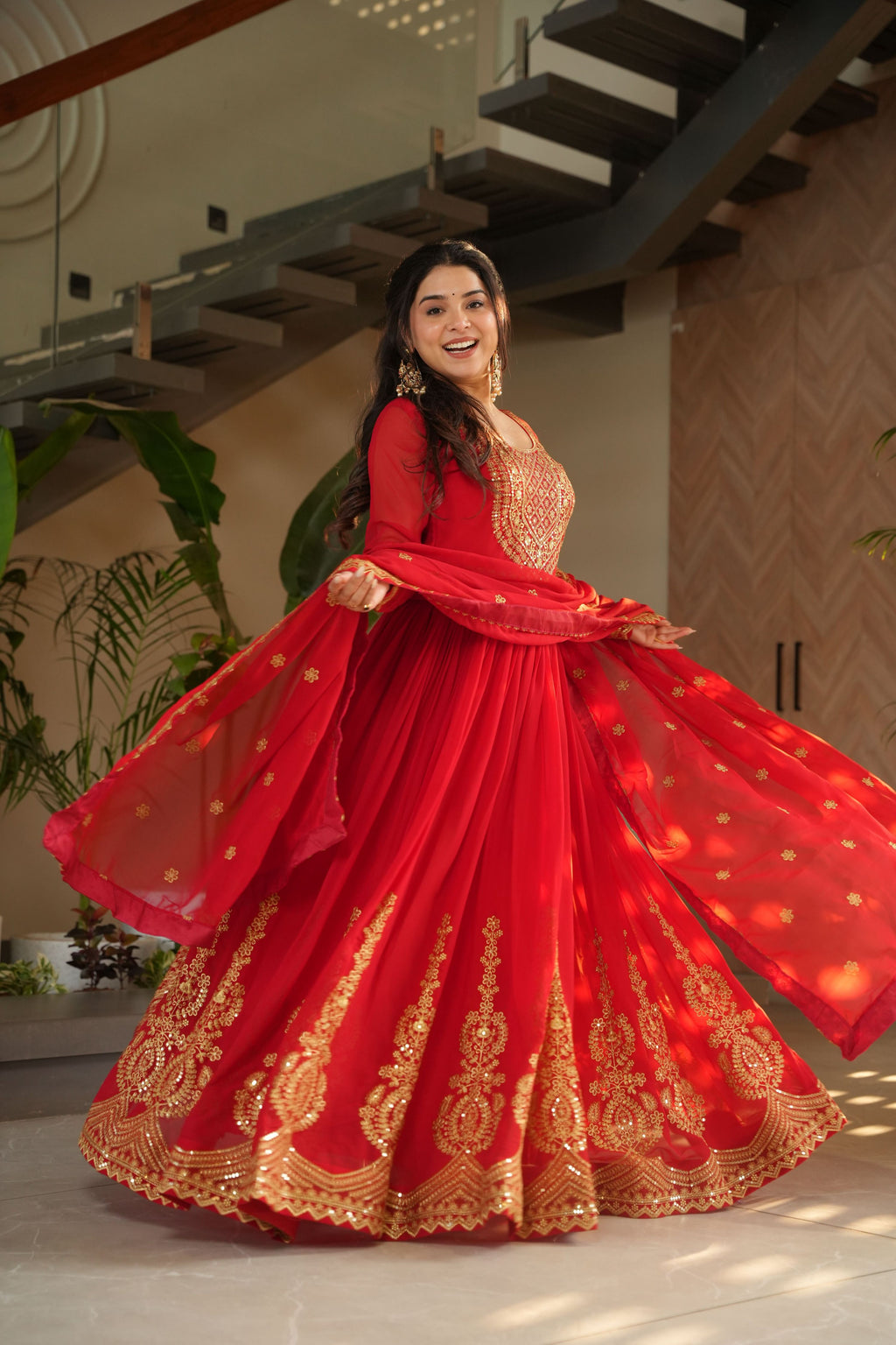Jyoti Fashion Red Faux Blooming Embroidered Anarkali Set with Dupatta