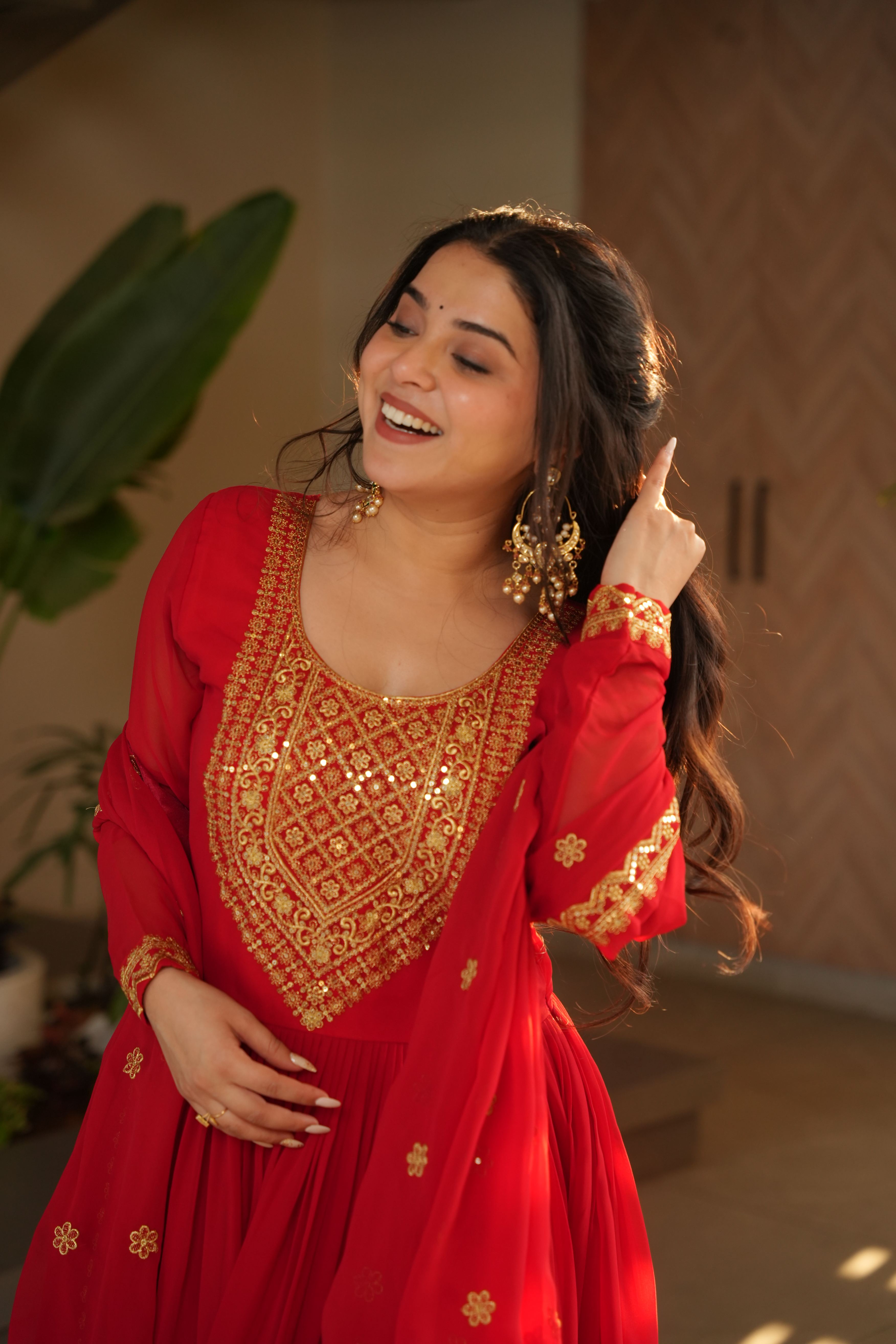 Jyoti Fashion Red Faux Blooming Embroidered Anarkali Set with Dupatta