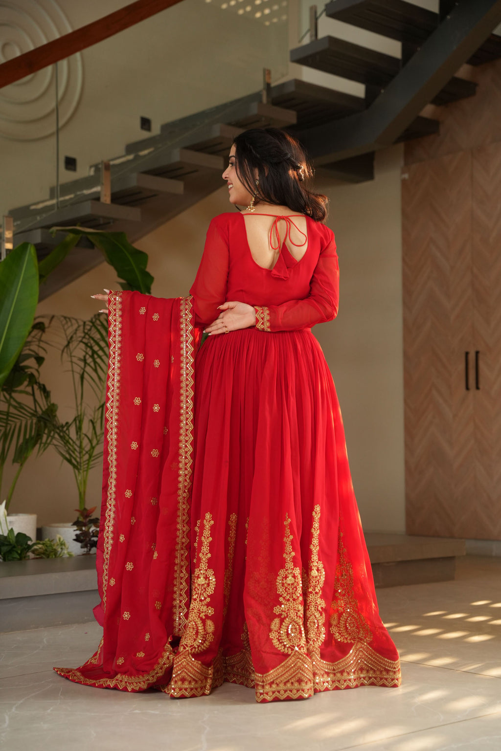 Jyoti Fashion Red Faux Blooming Embroidered Anarkali Set with Dupatta