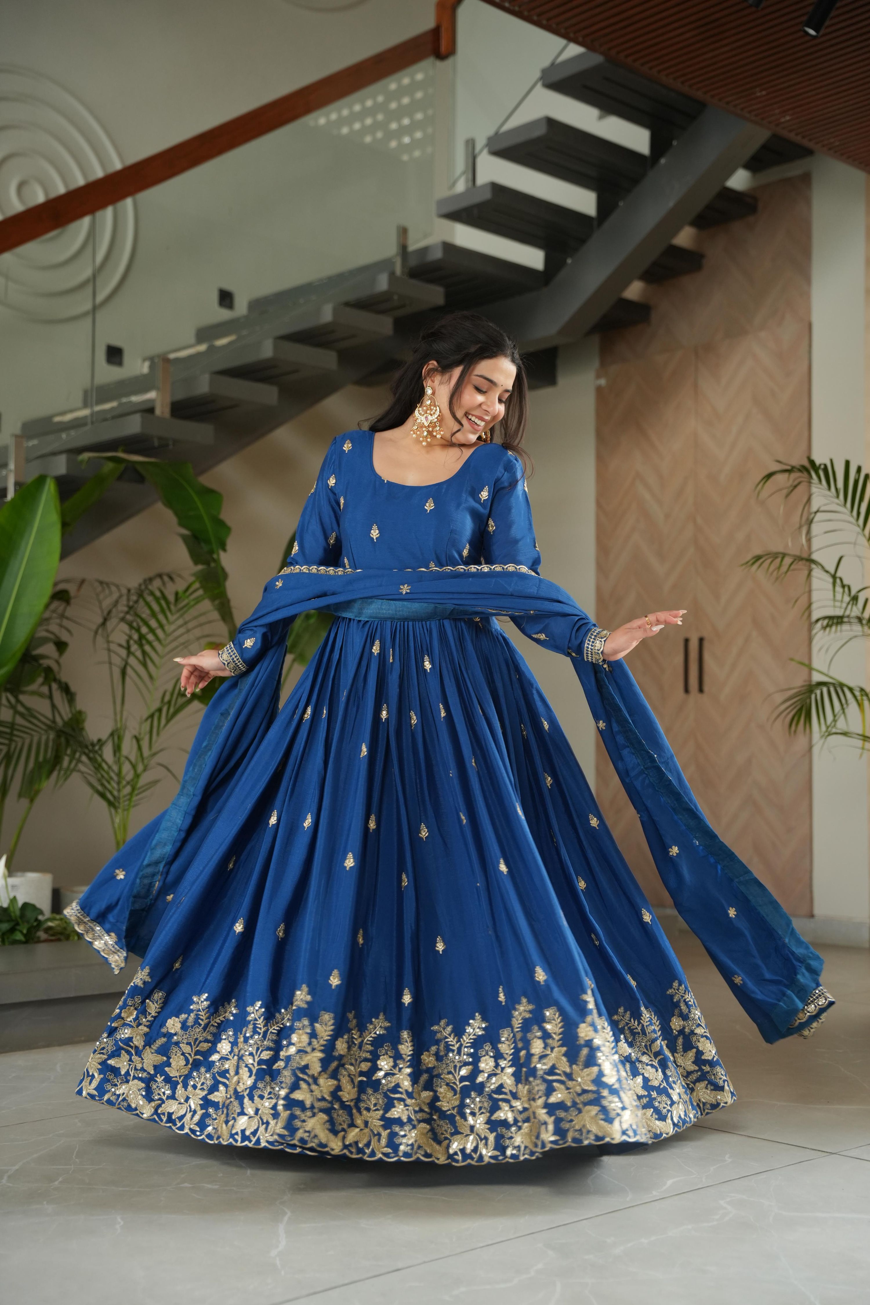 Jyoti Fashion Blue Chinon Sequins Embroidered Anarkali Set with Dupatta