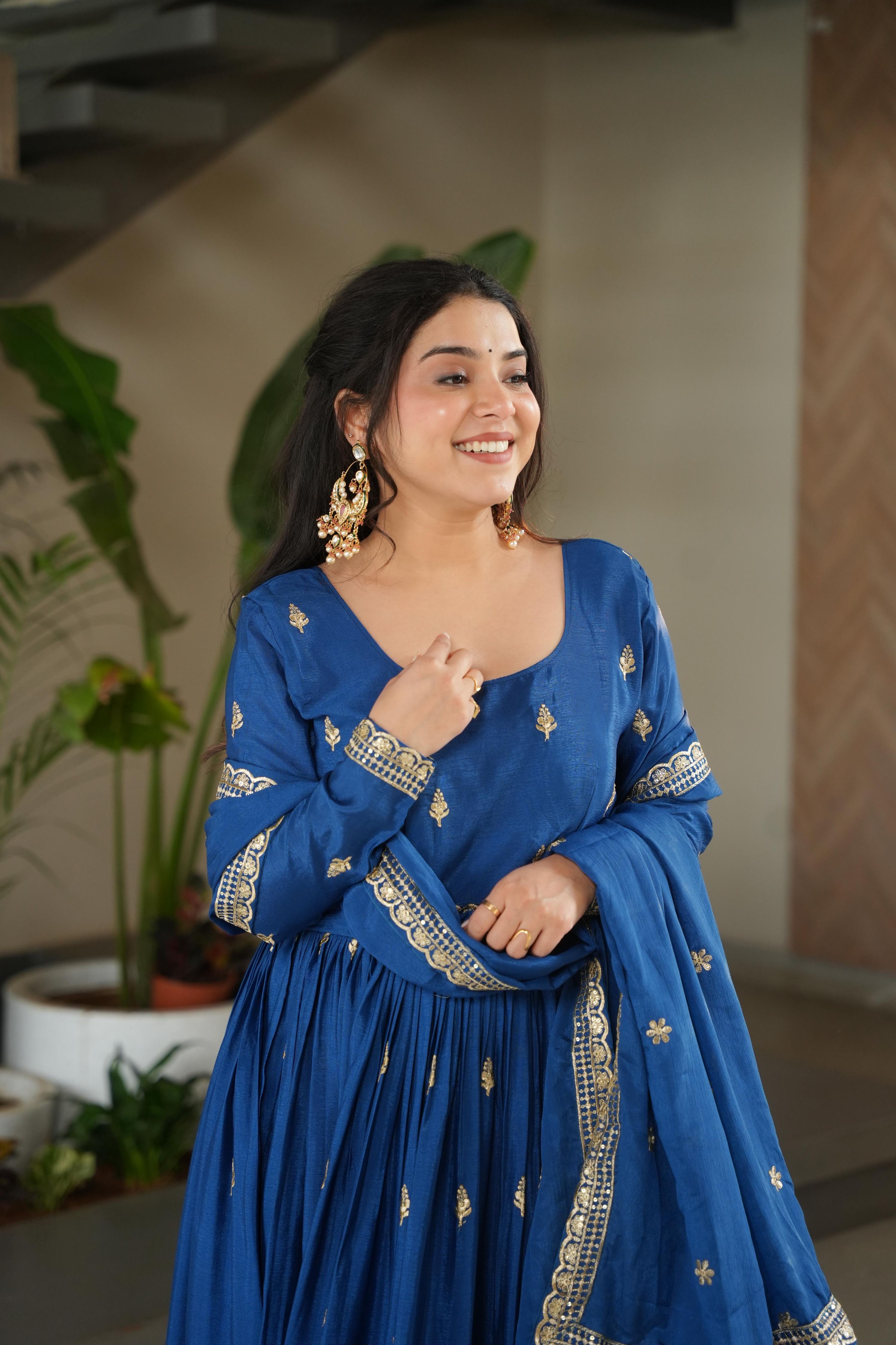 Jyoti Fashion Blue Chinon Sequins Embroidered Anarkali Set with Dupatta