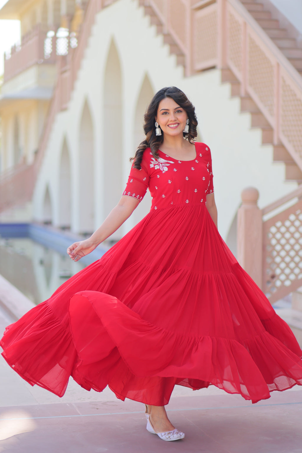 Jyoti Fashion Red Faux Blooming Beads Embroidered Anarkali Set