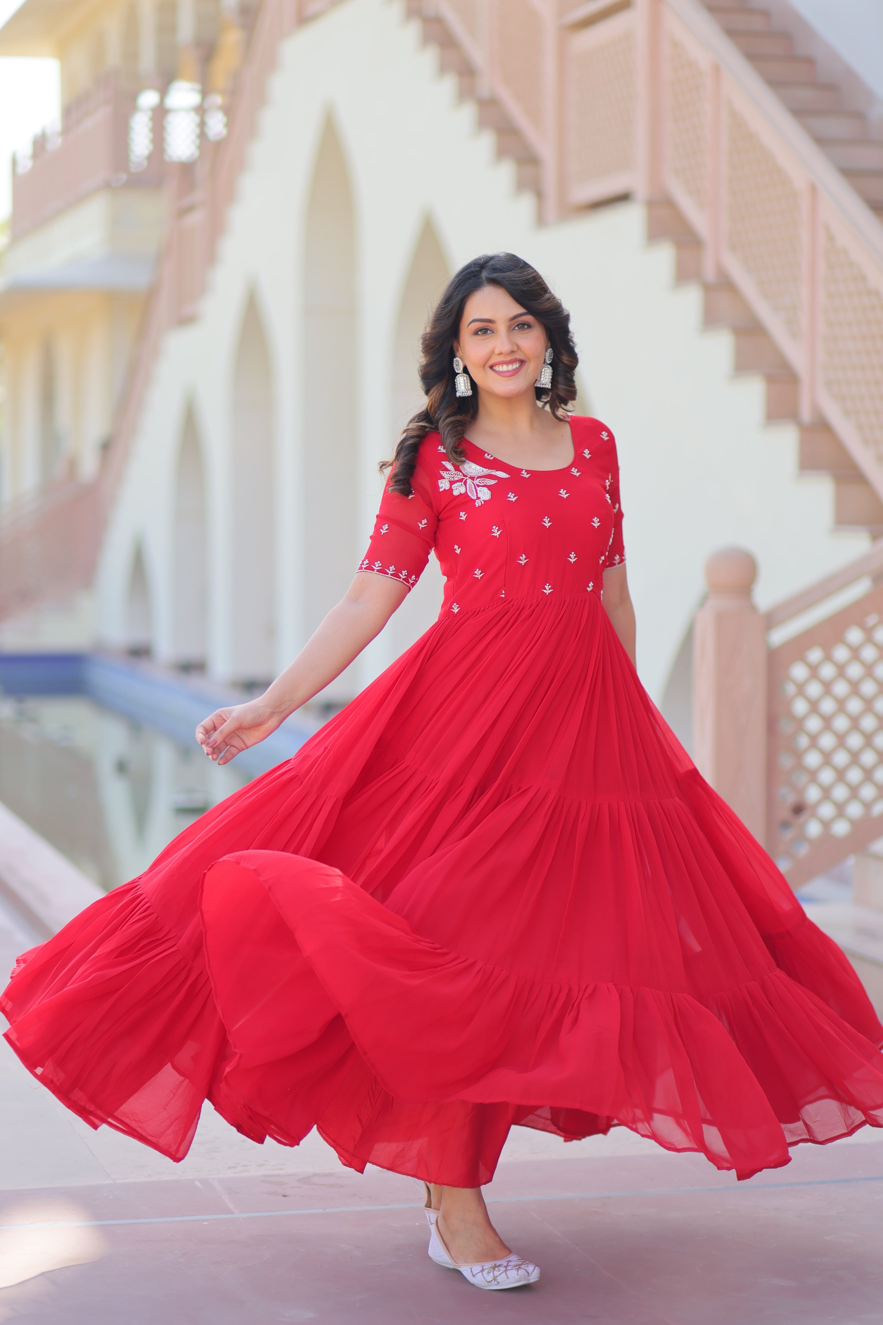Jyoti Fashion Red Faux Blooming Beads Embroidered Anarkali Set
