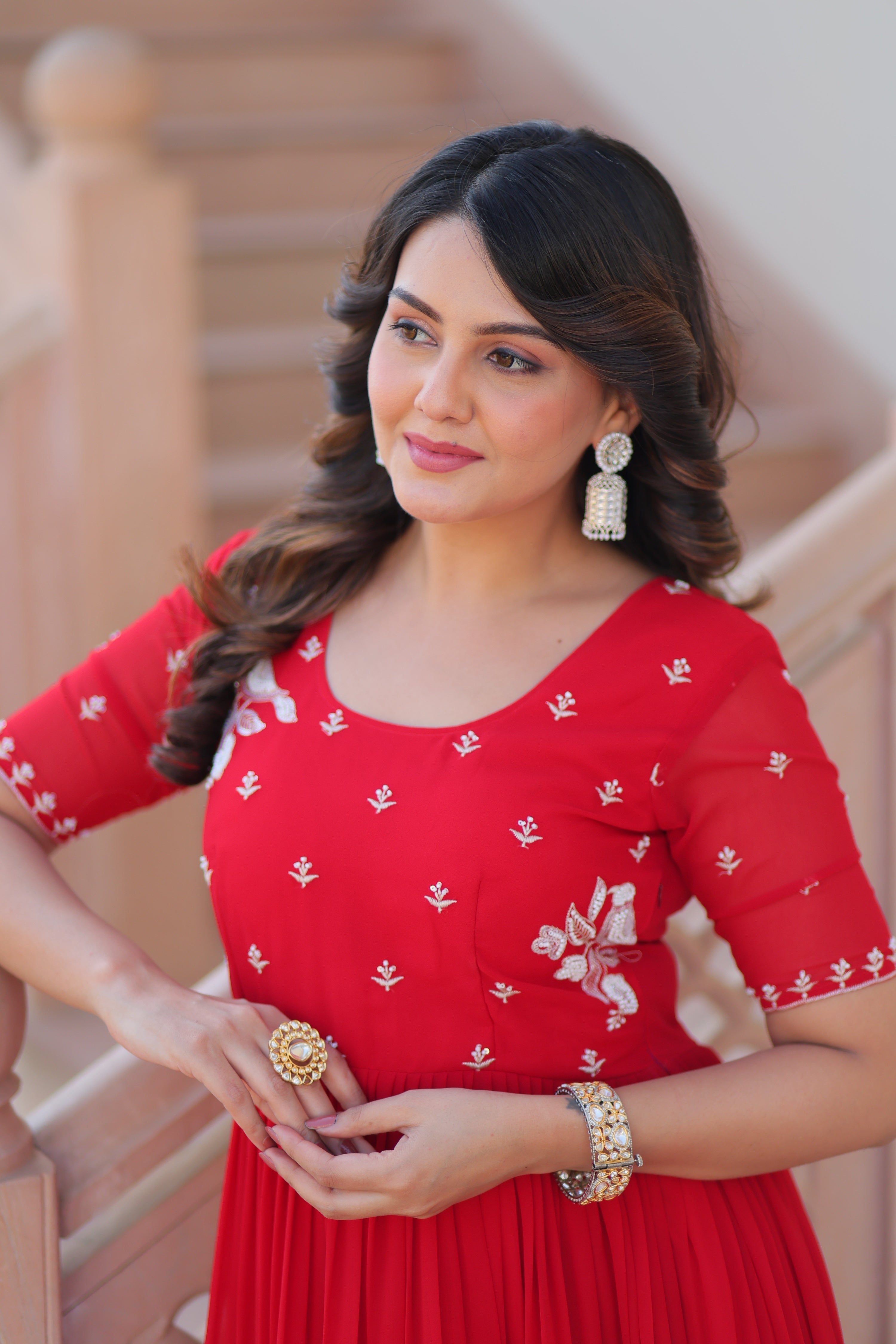 Jyoti Fashion Red Faux Blooming Beads Embroidered Anarkali Set