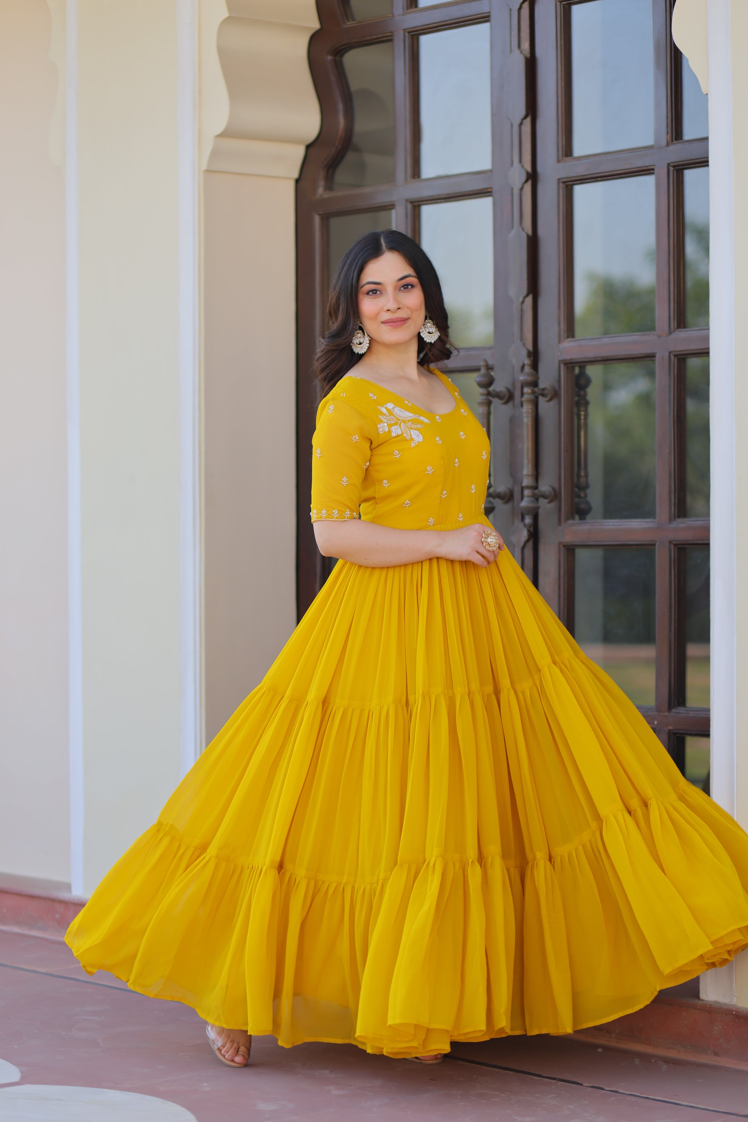 Jyoti Fashion Yellow Faux Blooming Beads Embroidered Anarkali Set