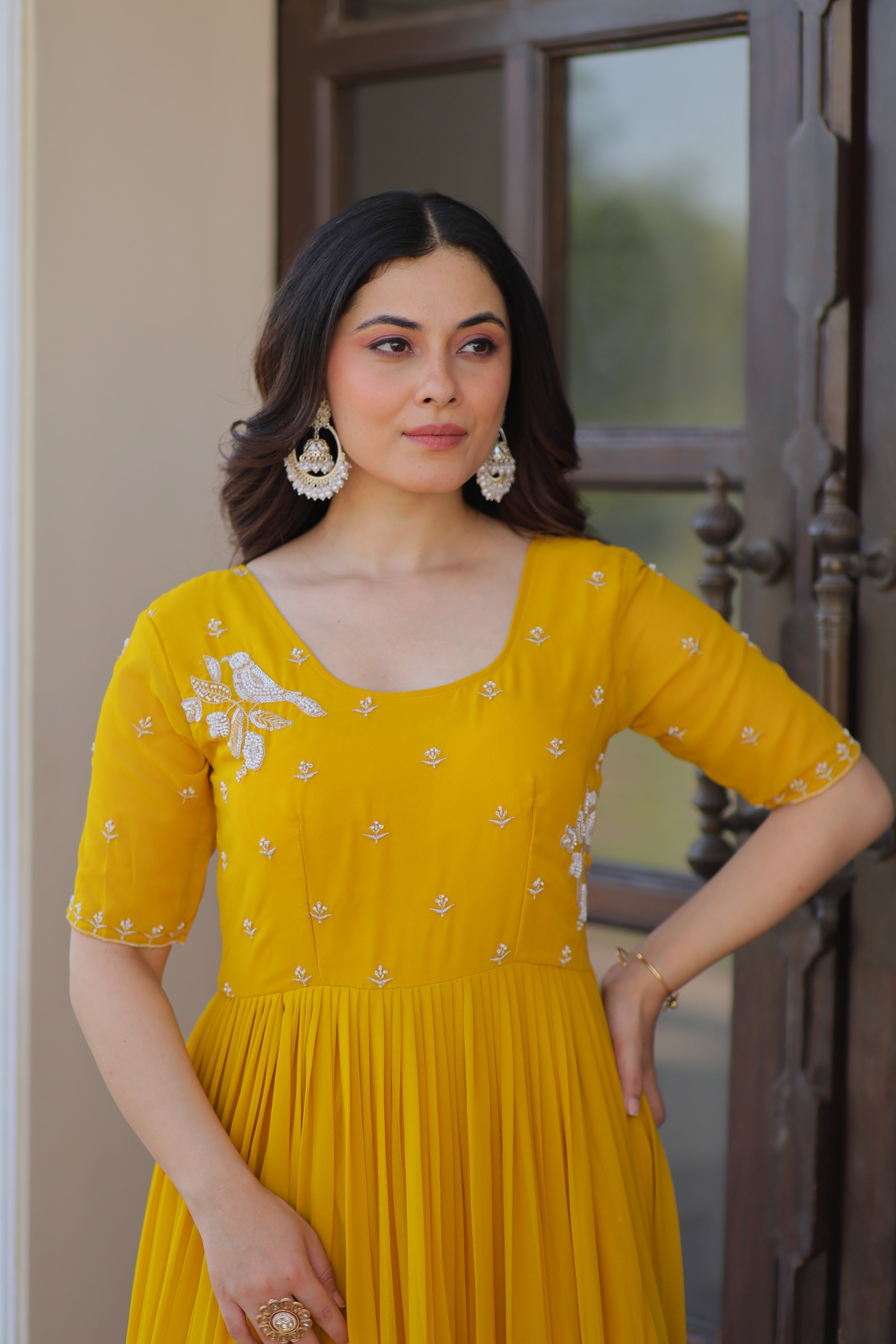 Jyoti Fashion Yellow Faux Blooming Beads Embroidered Anarkali Set
